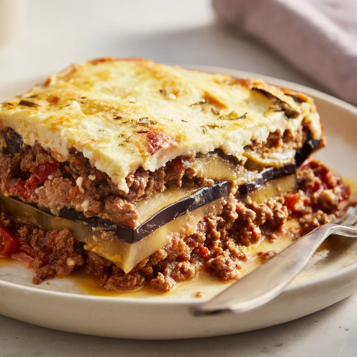 Layers of savory beef and tender eggplant shine in this classic moussaka dish.