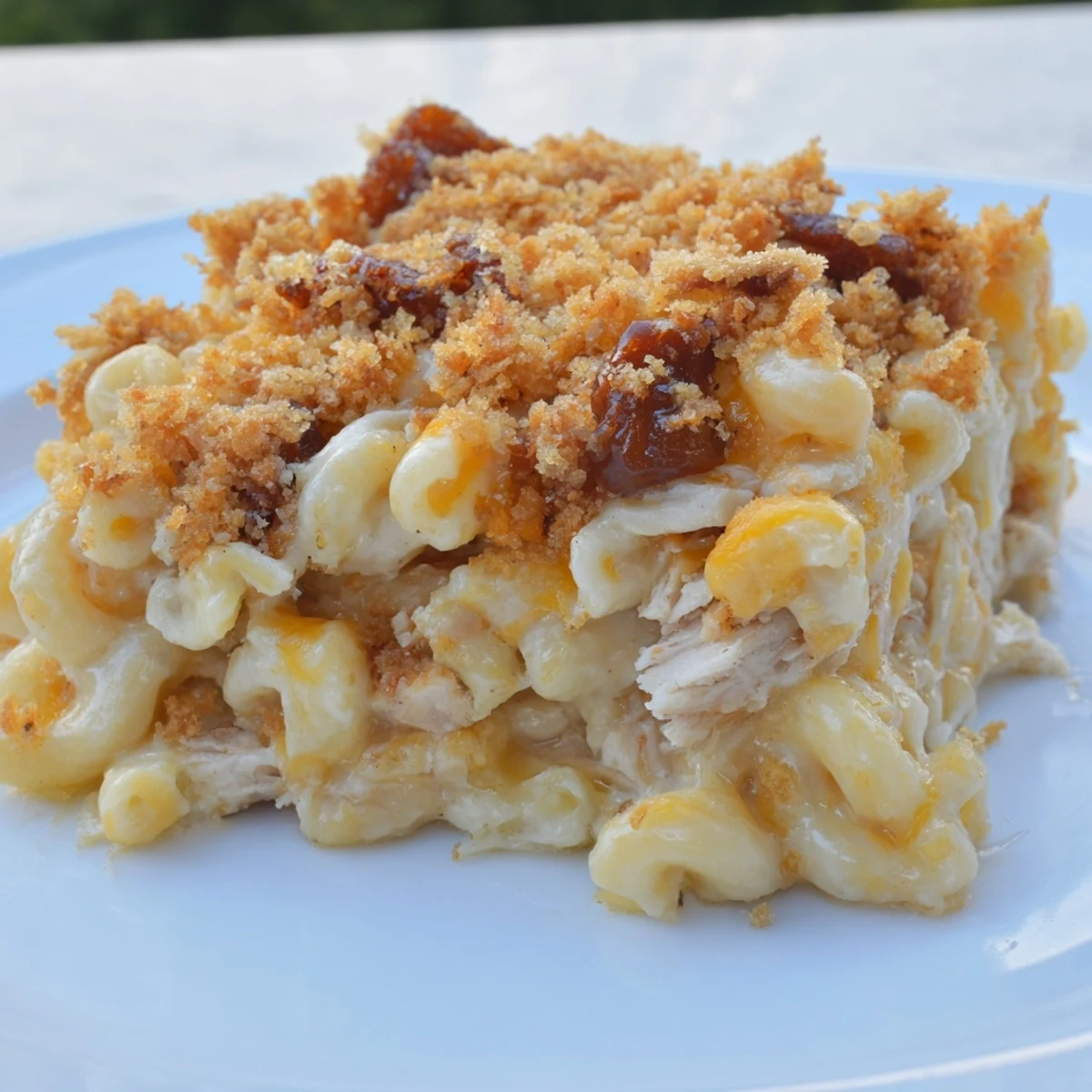 Creamy Classic Mac & Cheese with BBQ Chicken, topped with crunchy breadcrumbs.