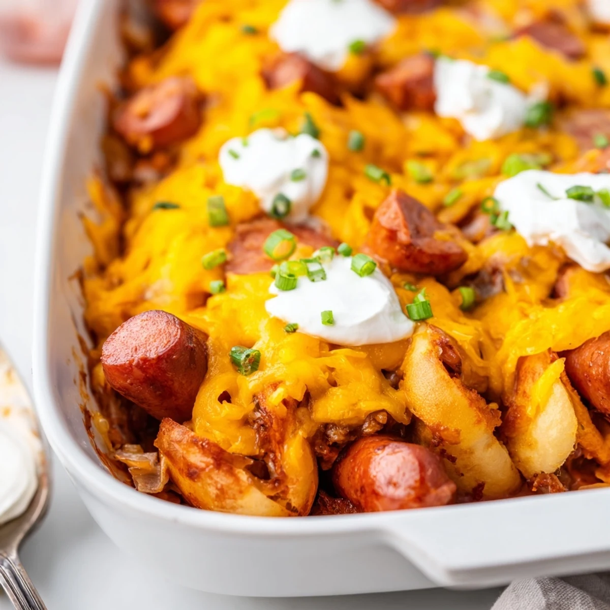 Delicious Chili Dog Casserole topped with melted cheese, perfect for game day snacks.  