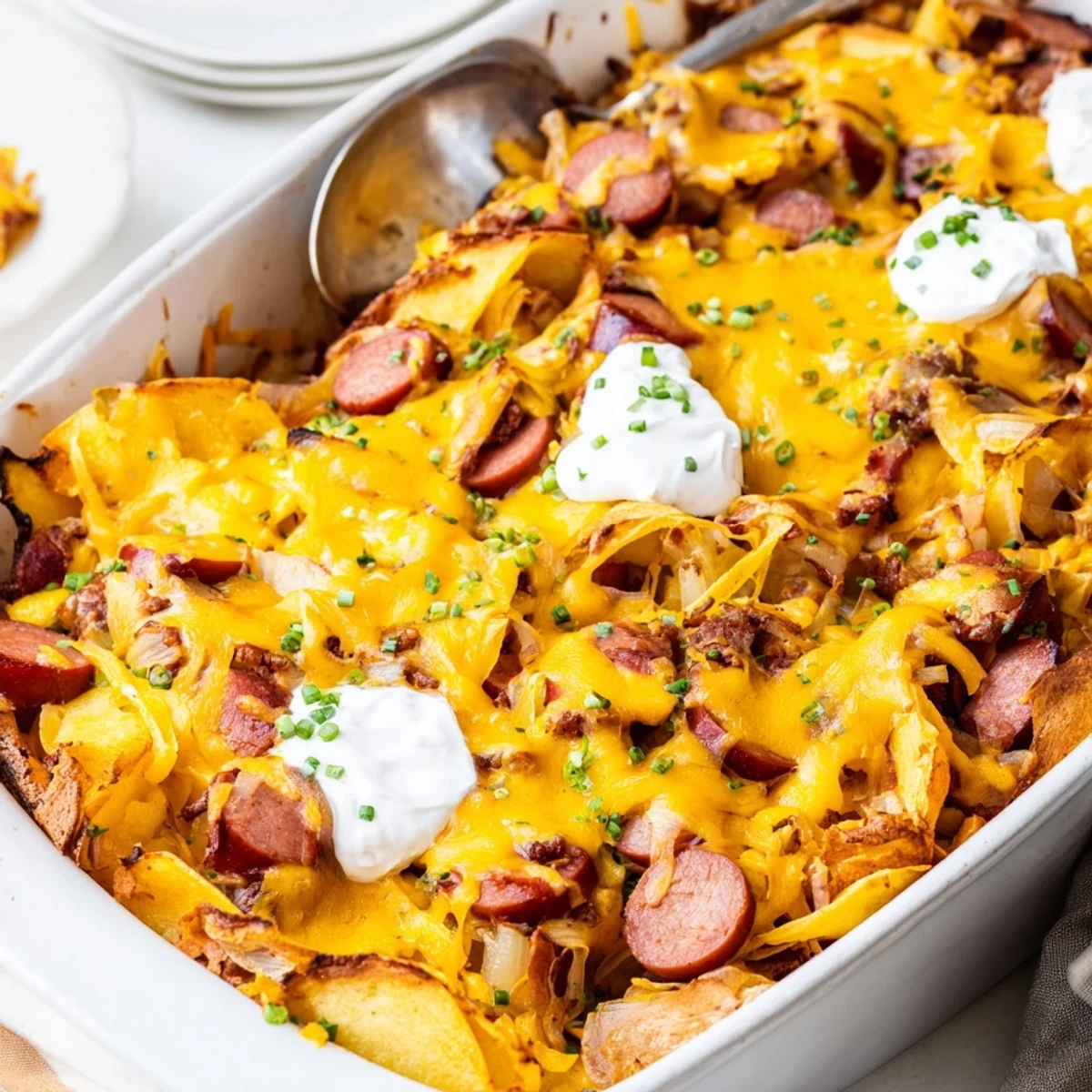 Hearty Chili Dog Casserole fresh from the oven, invitingly cheesy and wonderfully satisfying.