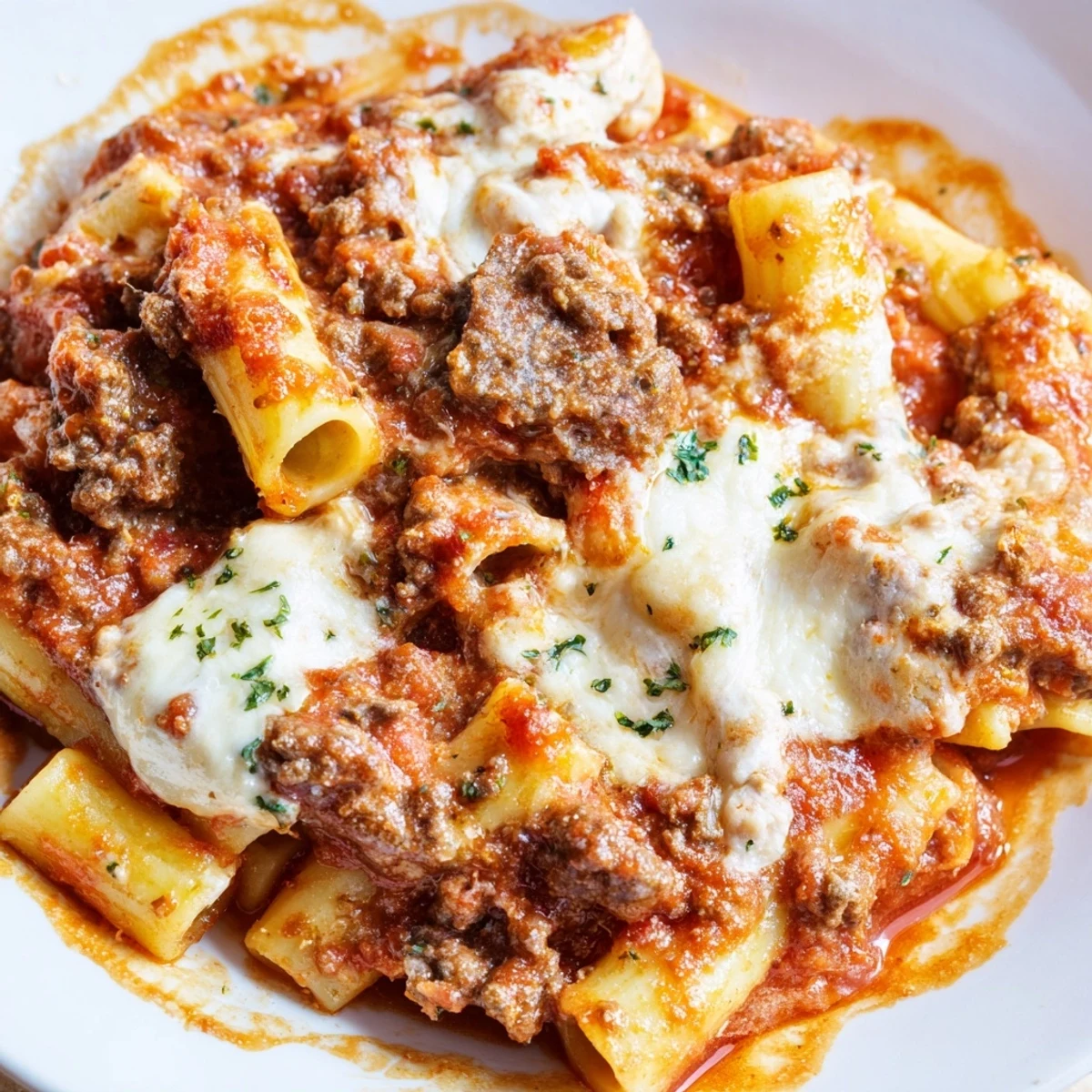 Comforting baked ziti with meat sauce topped with melted mozzarella and golden cheese.  