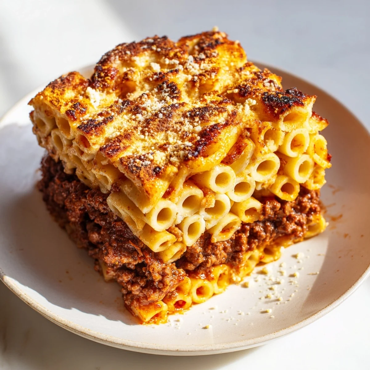 Delicious Greek Pastitsio featuring layers of pasta, beef, and creamy béchamel sauce.