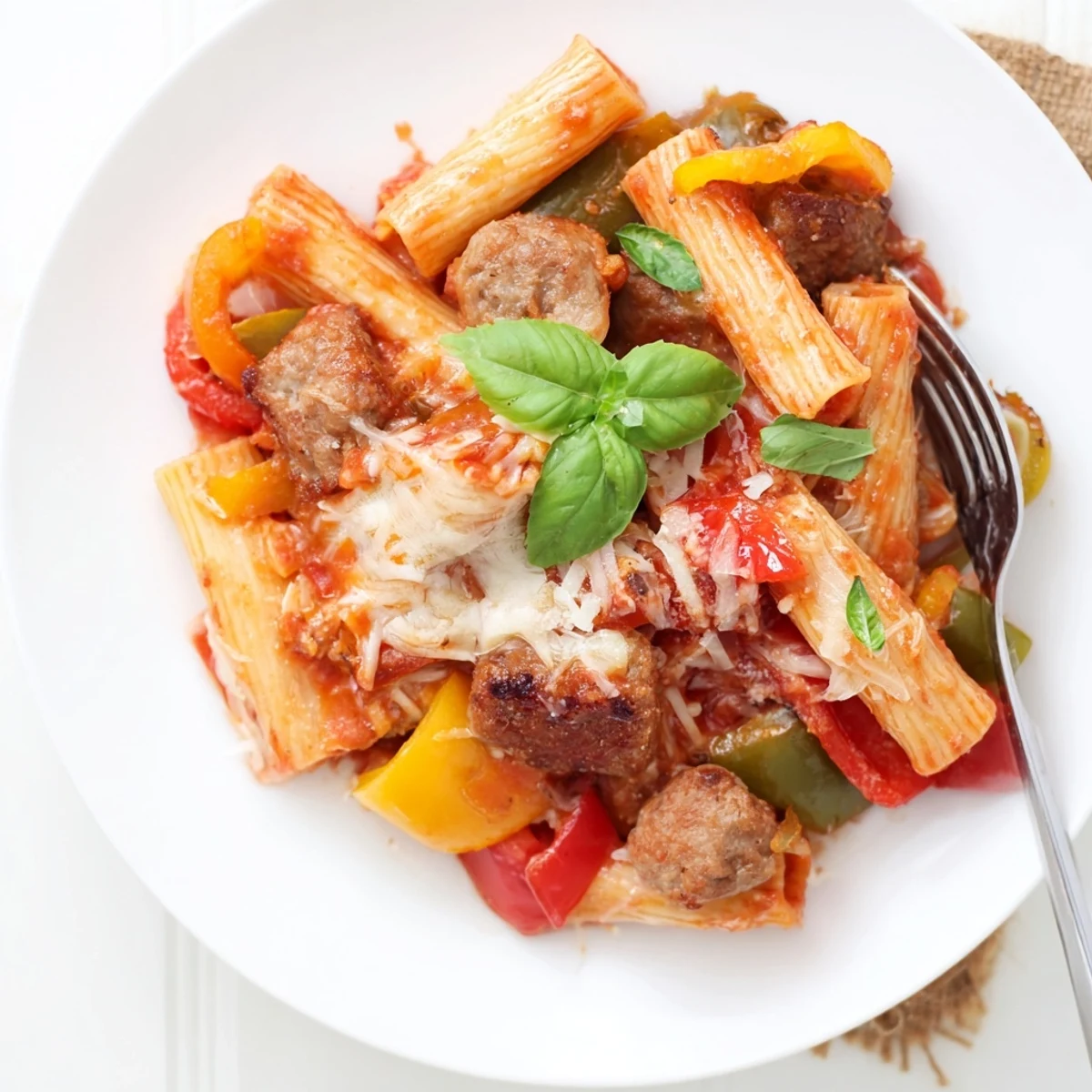 A hearty baked rigatoni with sausage and peppers, bursting with Italian flavors.  