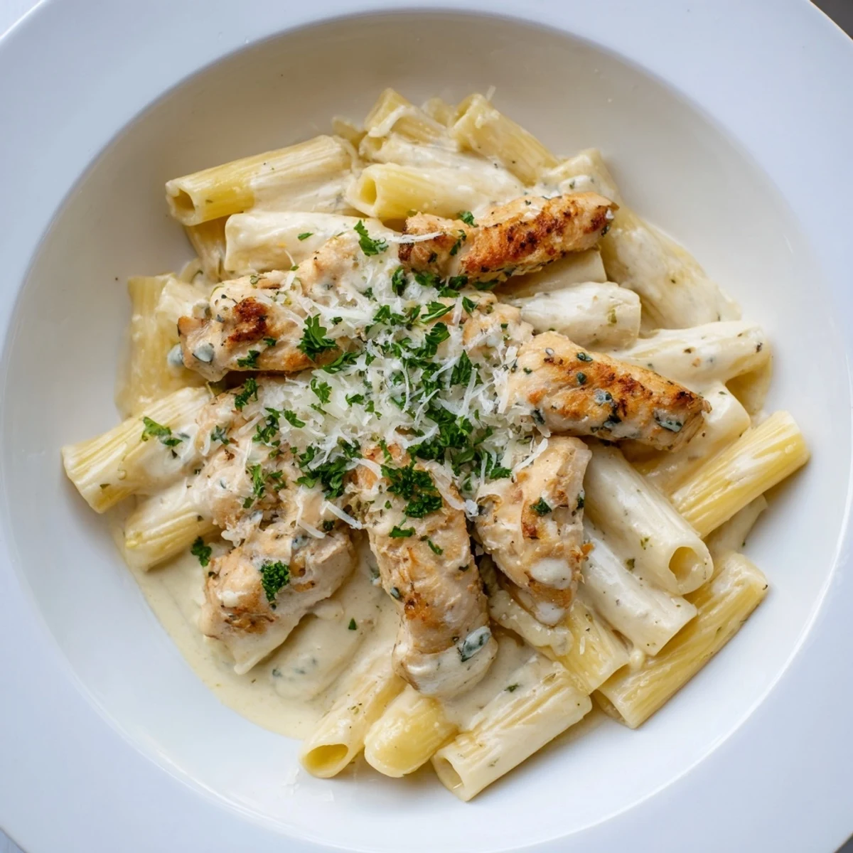 Delicious bite-sized chicken pieces in the flavorful Creamy Garlic Parmesan Chicken Rigatoni dish.