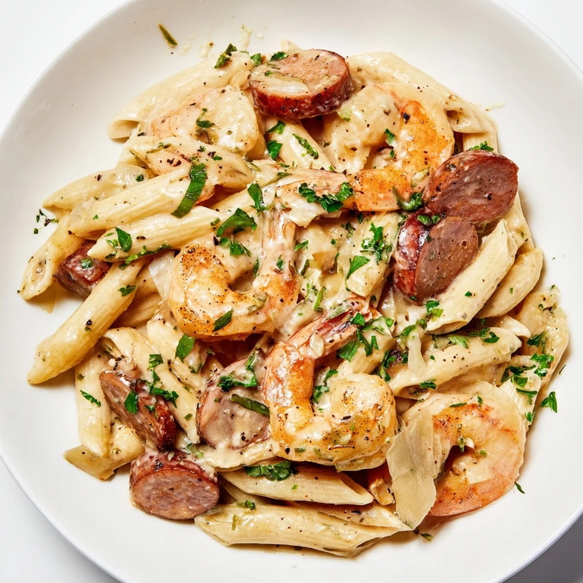 The delectable Cajun Sausage & Shrimp Alfredo Pasta Skillet with perfectly cooked pasta coated in a savory sauce.