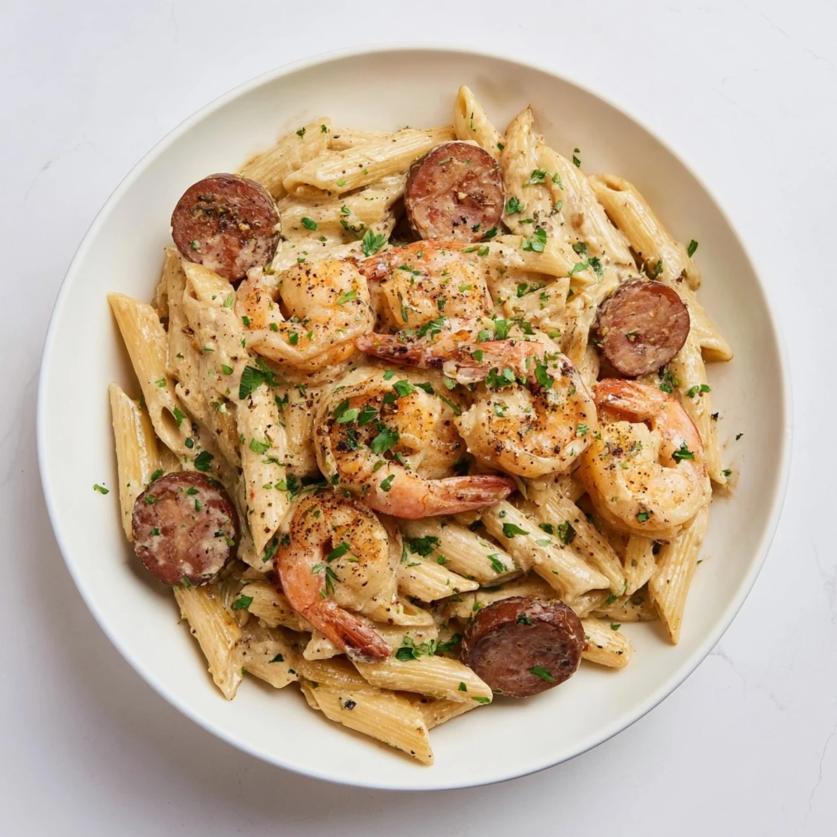 A vibrant view of Cajun Sausage & Shrimp Alfredo Pasta Skillet, garnished with fresh parsley and ready to serve.