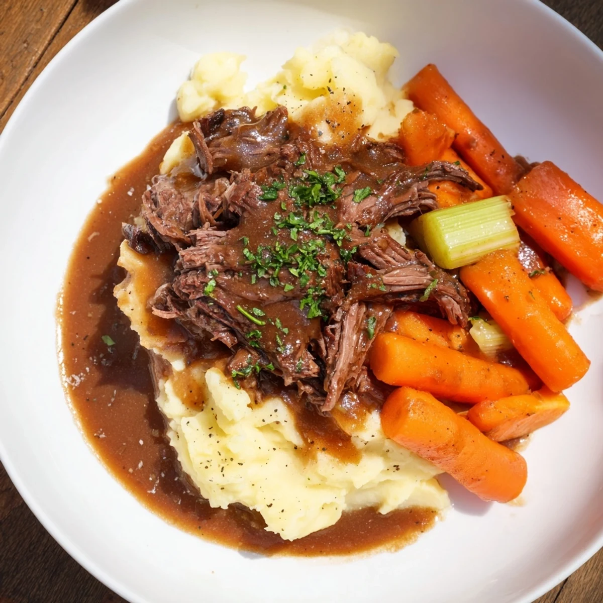 Tender slow cooker pot roast with carrots and potatoes, a hearty family meal.