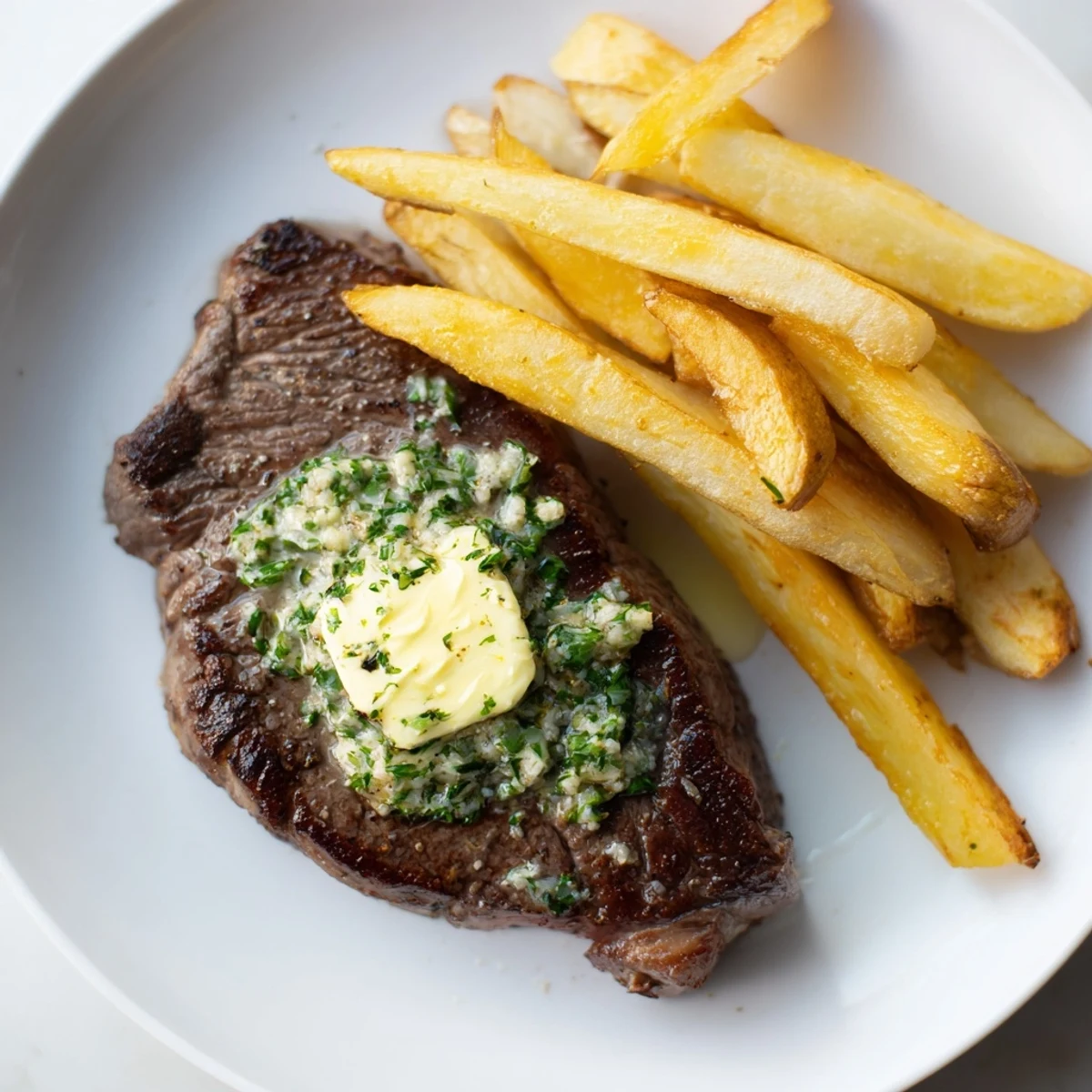 Juicy Steakhouse Garlic Butter Steak & Fries, with melting garlic herb butter, ready to be enjoyed with the golden fries.