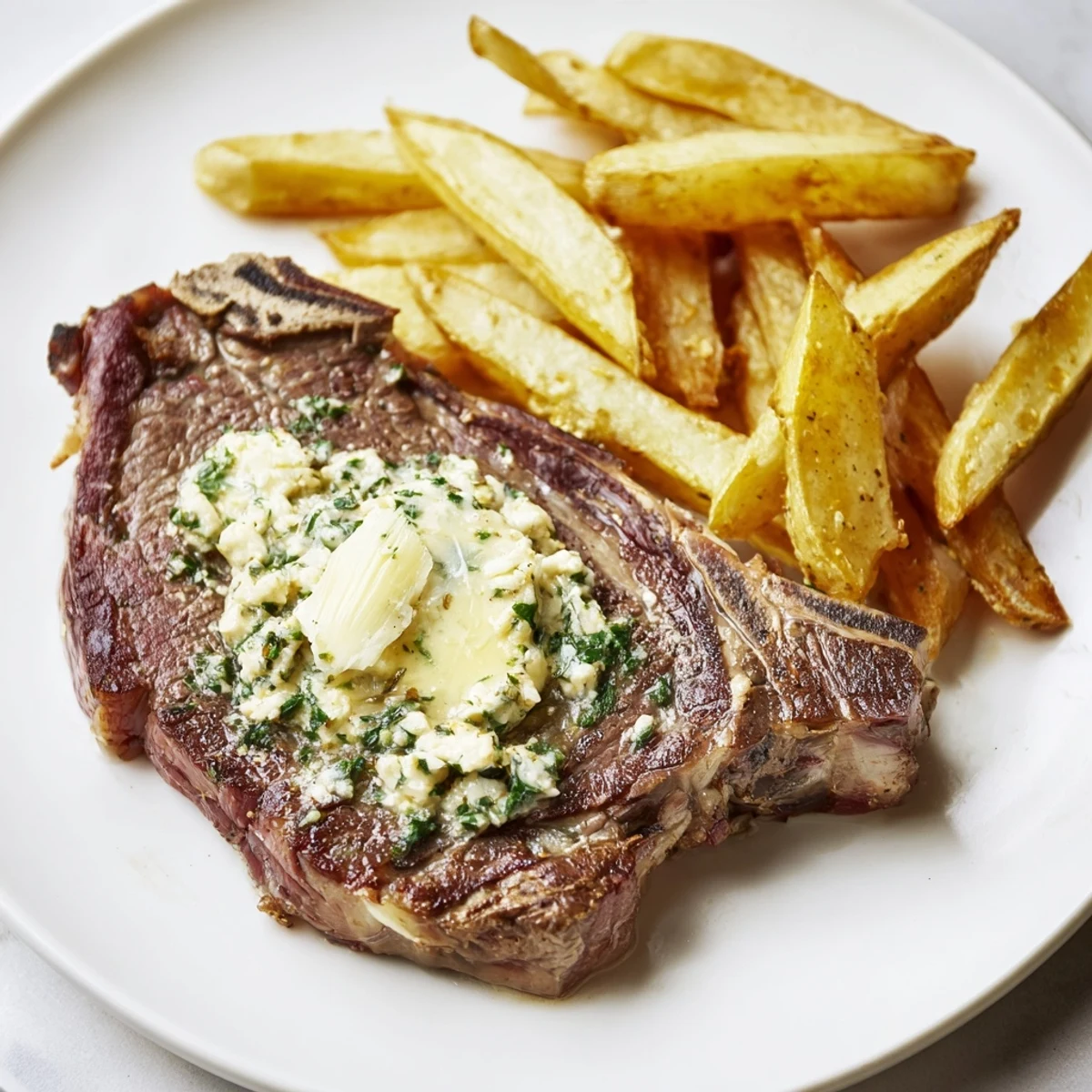 Seared Steakhouse Garlic Butter Steak & Fries, topped with fragrant garlic butter, served alongside crispy golden fries.