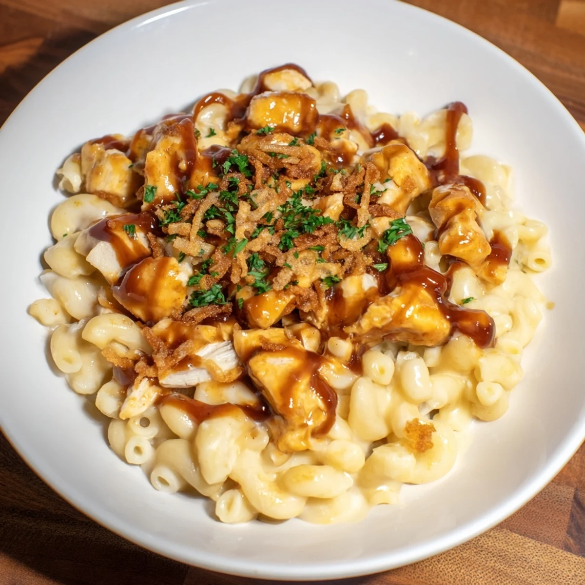 One-Pot Honey BBQ Chicken Mac and Cheese, creamy with a golden cheese crust, ready to serve as a family meal.