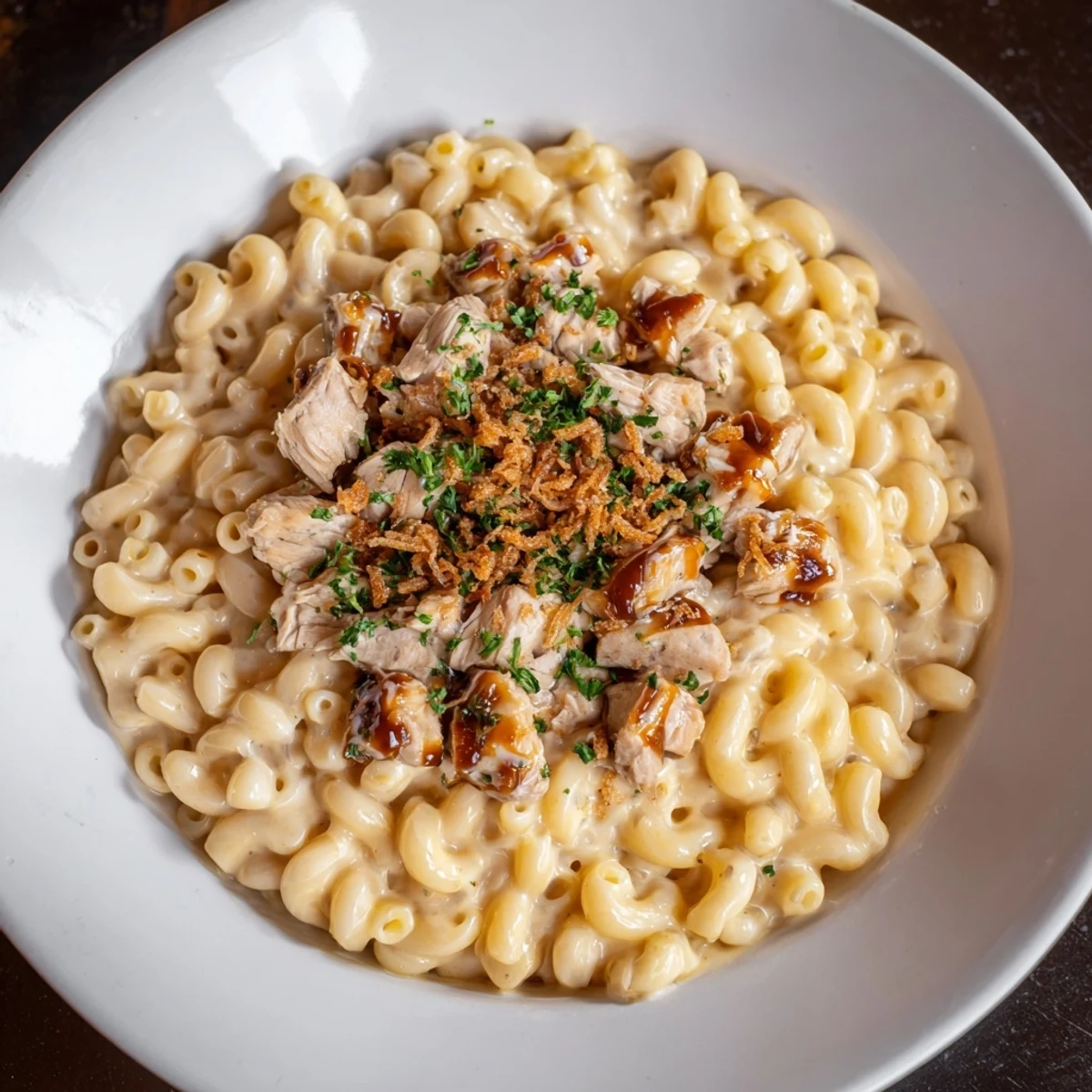 A bubbling skillet of One-Pot Honey BBQ Chicken Mac and Cheese, featuring tender chicken and rich cheesy sauce.
