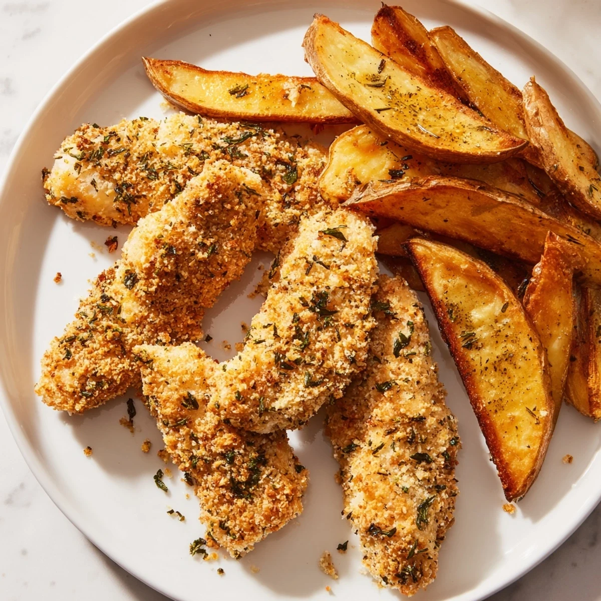Golden-brown herbed chicken tenders and potato wedges; a savory and delicious, family-friendly dinner.