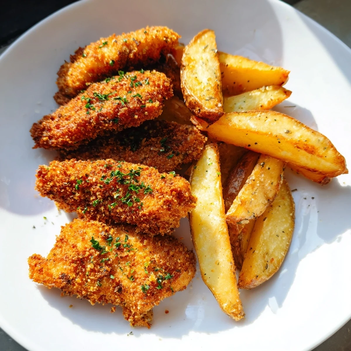 Imagine tender, juicy herbed chicken tenders paired with fluffy potato wedges for a flavorful, American classic.
