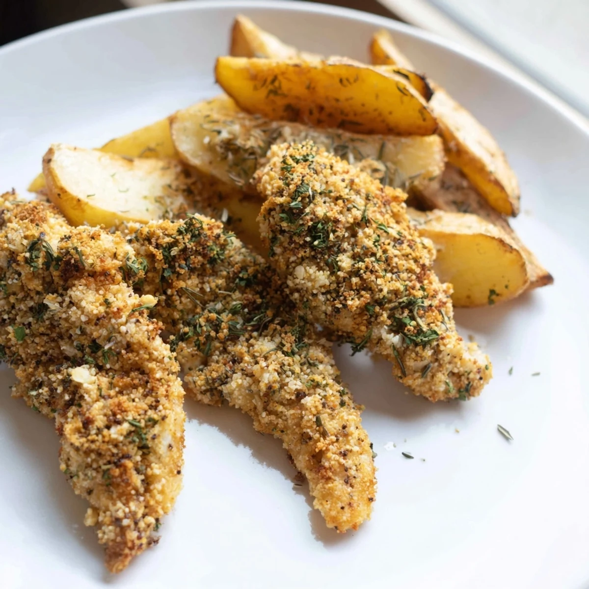 Crispy, herb-crusted herbed chicken tenders served with perfectly baked potato wedges are a satisfying meal.