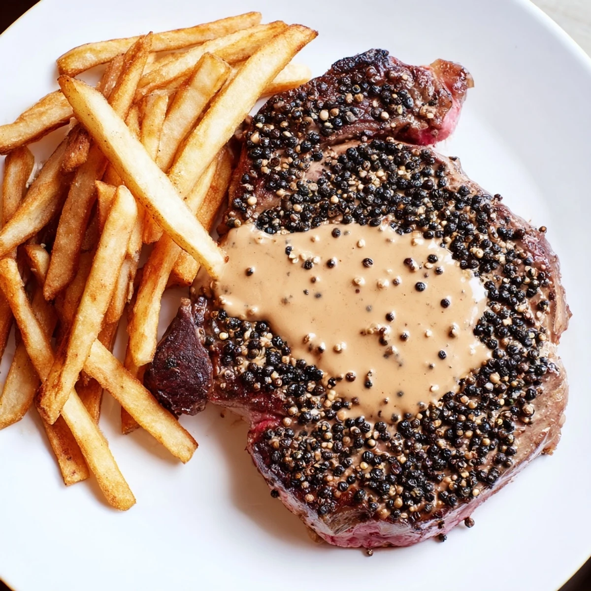 Perfectly seared Classic Peppercorn Ribeye with a peppercorn crust, and a side of delightfully crispy fries.