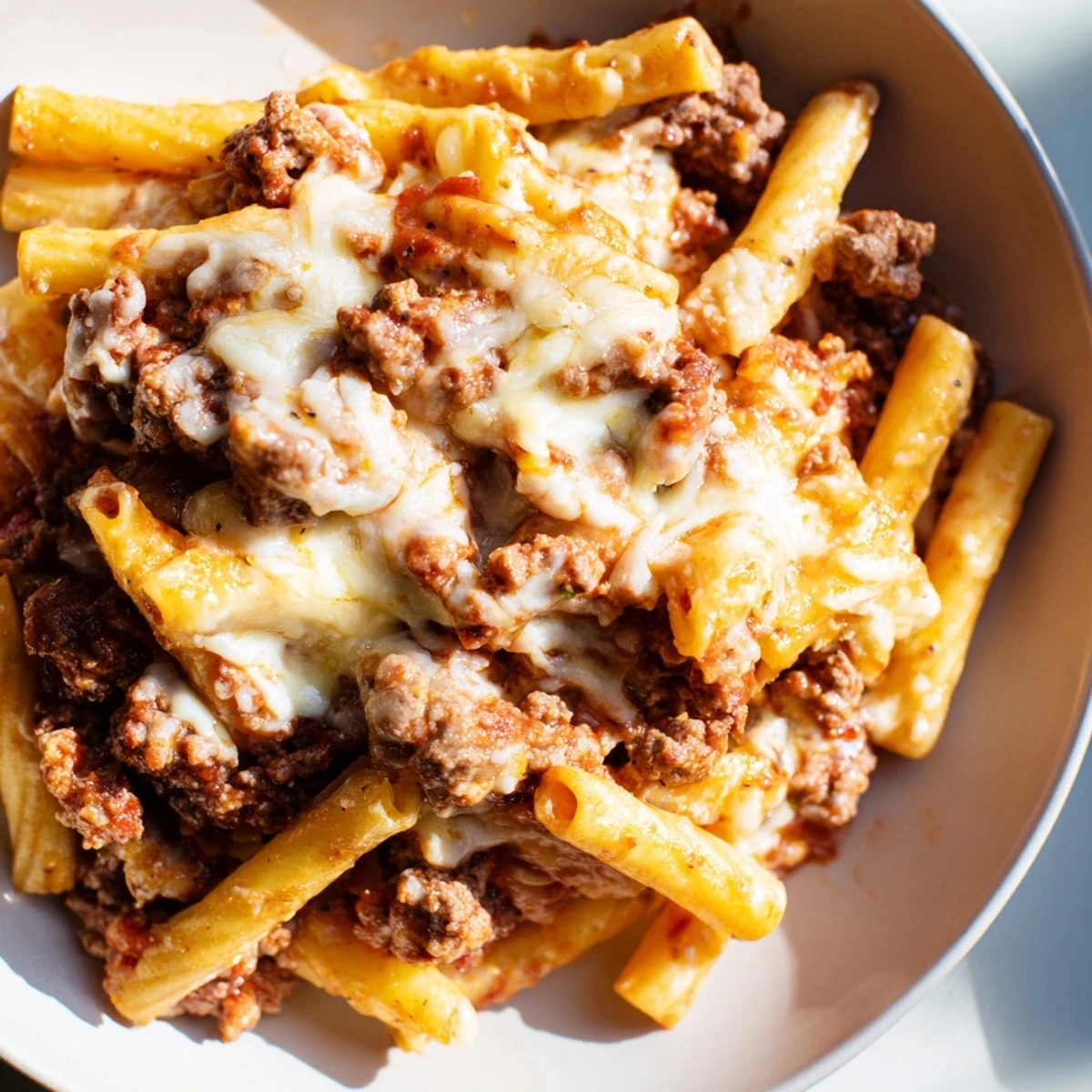 Golden, bubbly Cheesy Beef & Penne Bake, with melted mozzarella and a hint of spice.