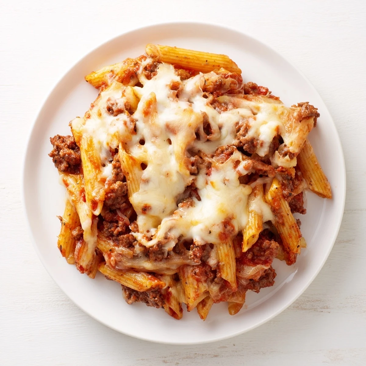 Steaming hot Cheesy Beef & Penne Bake, a hearty casserole with richly browned beef and penne.