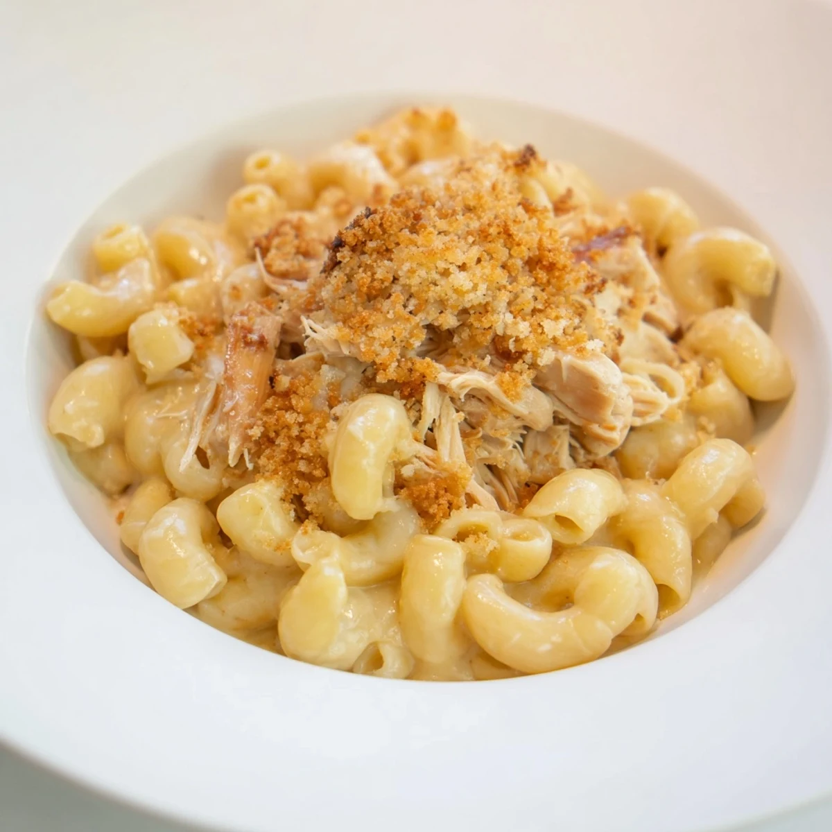 Classic mac & cheese with BBQ chicken: a bubbling casserole featuring creamy pasta and tender, smoky chicken.