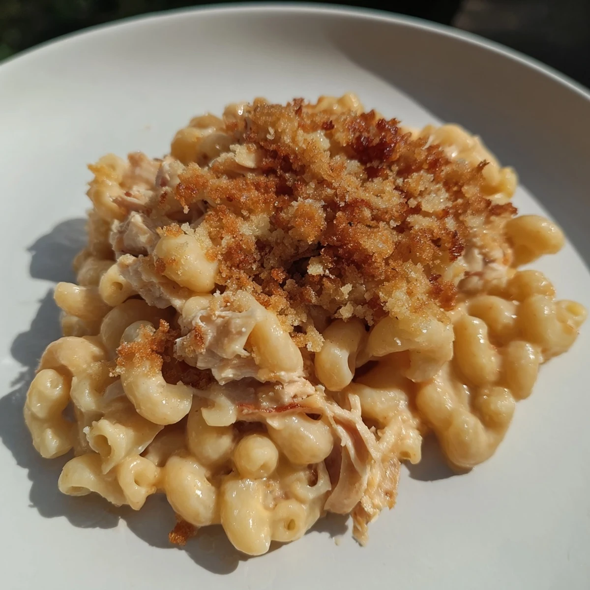 A close-up of baked classic mac & cheese with BBQ chicken, golden crust with savory chicken visible.