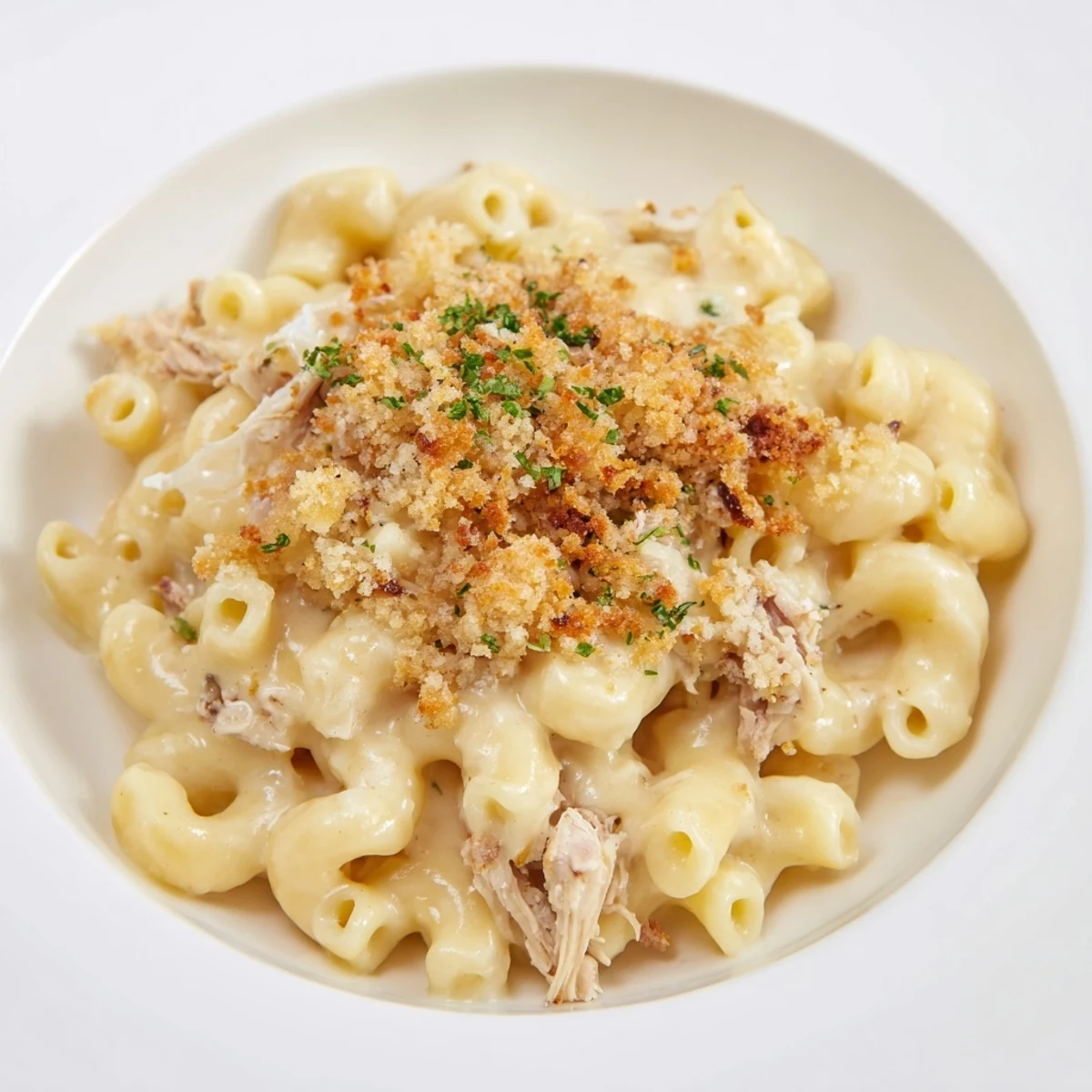 Family-friendly classic mac and cheese with BBQ chicken, the perfect weeknight comfort food dinner idea.