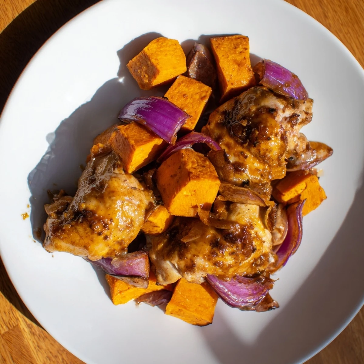 Golden brown maple glazed chicken and sweet potato bake, a savory and sweet comfort meal.