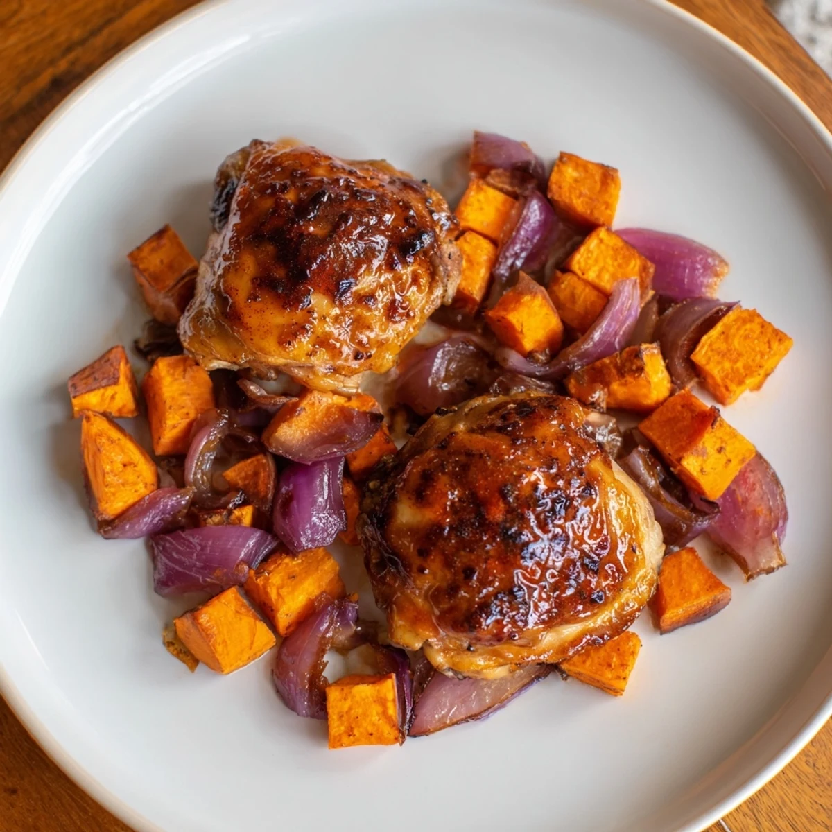 Juicy chicken thighs and roasted sweet potatoes glistening with maple glaze, ready to eat!
