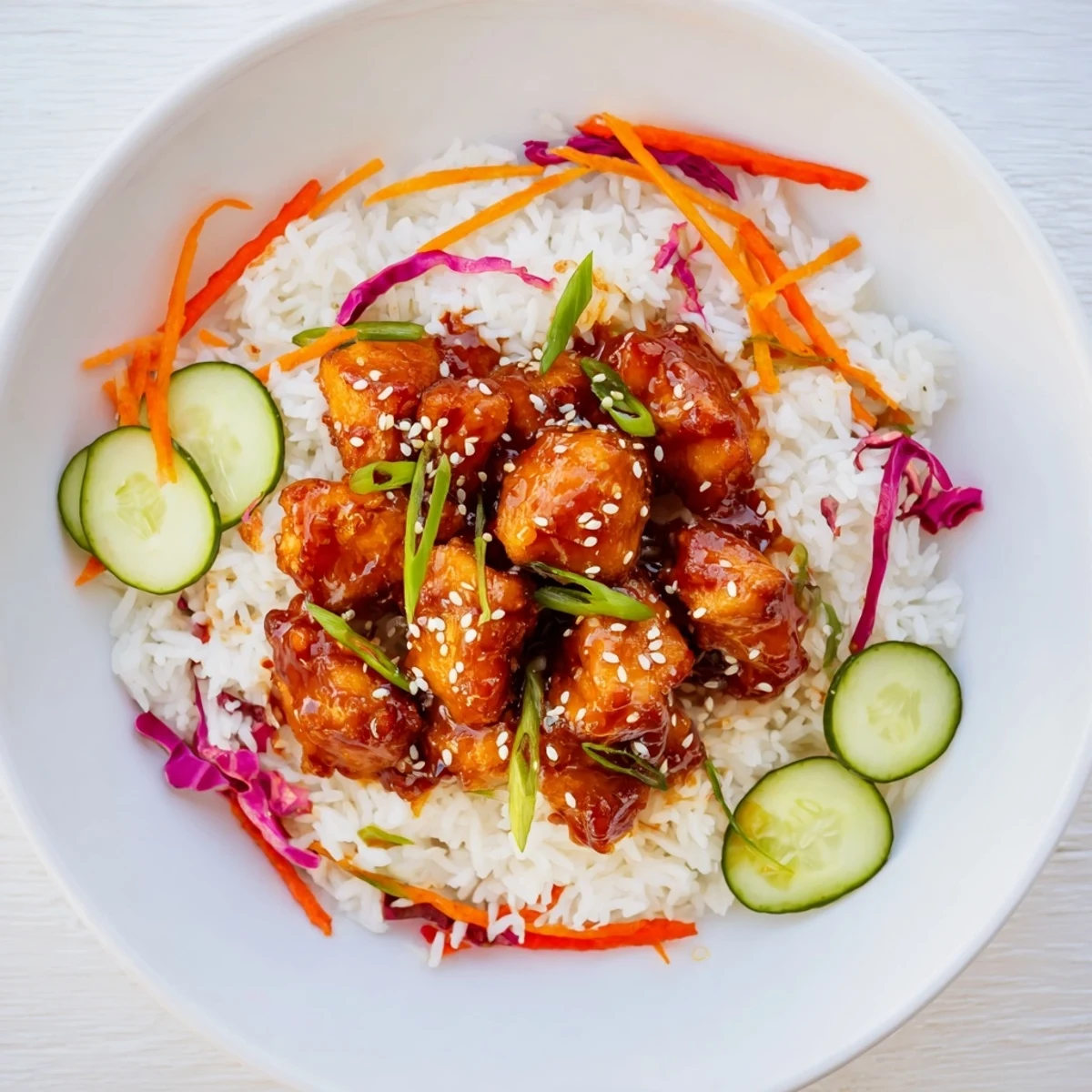 This Sriracha Honey Chicken Rice Bowl showcases glistening chicken pieces coated in a sweet and spicy sauce.