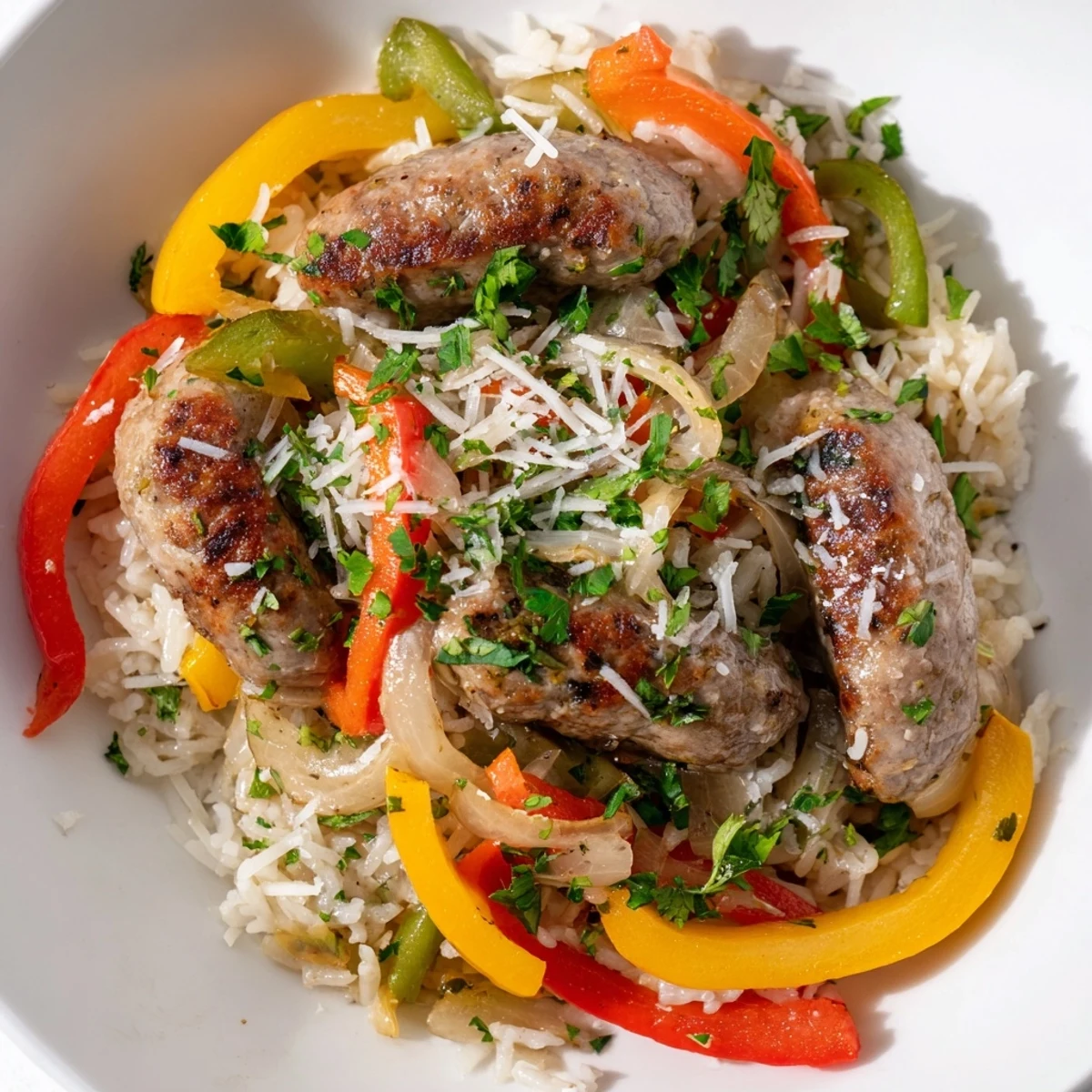Steaming Italian Sausage & Peppers Rice Plate, colorful bell peppers and savory sausage served hot.