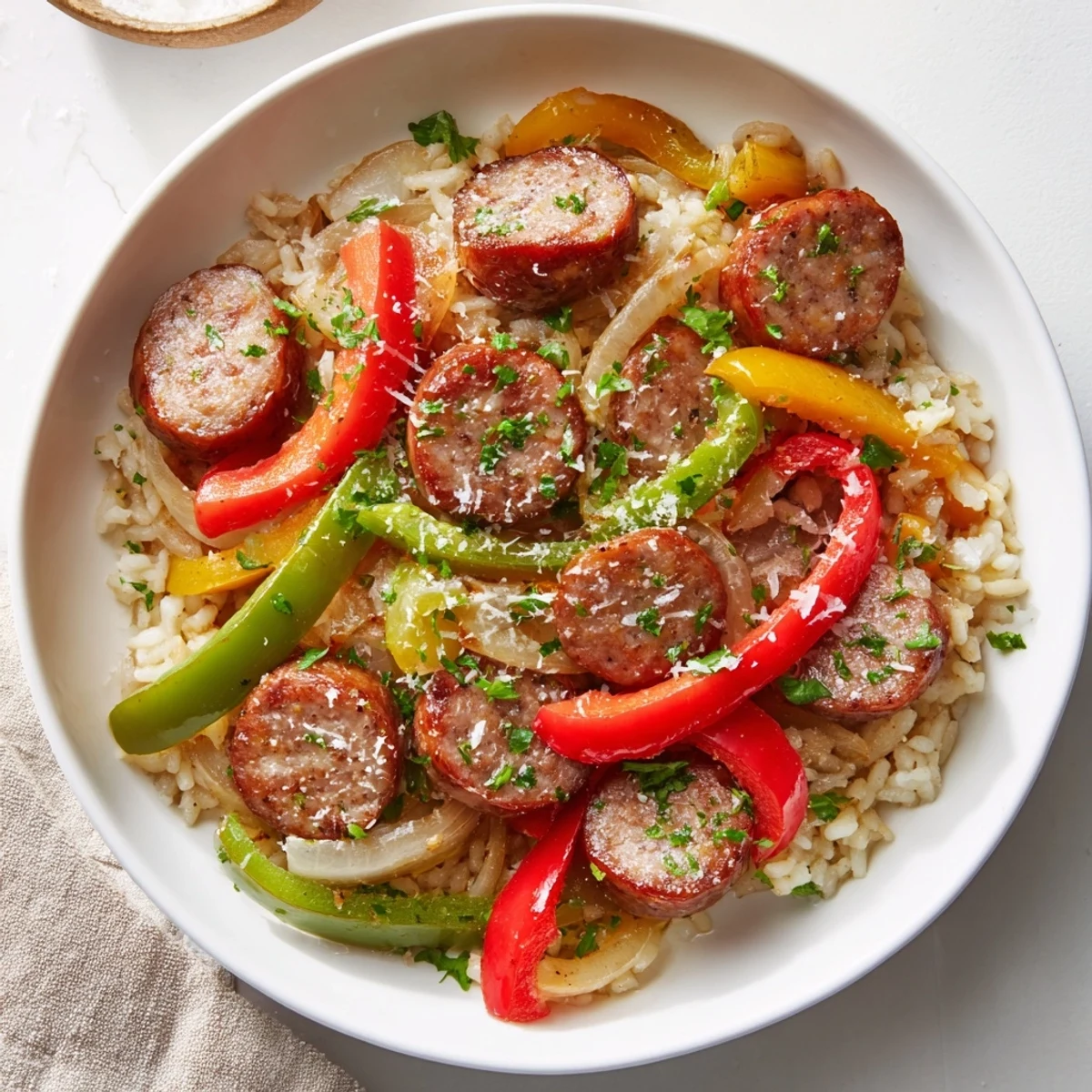 Hearty Italian Sausage & Peppers Rice Plate, complete with fresh parsley garnish, a fantastic meal.