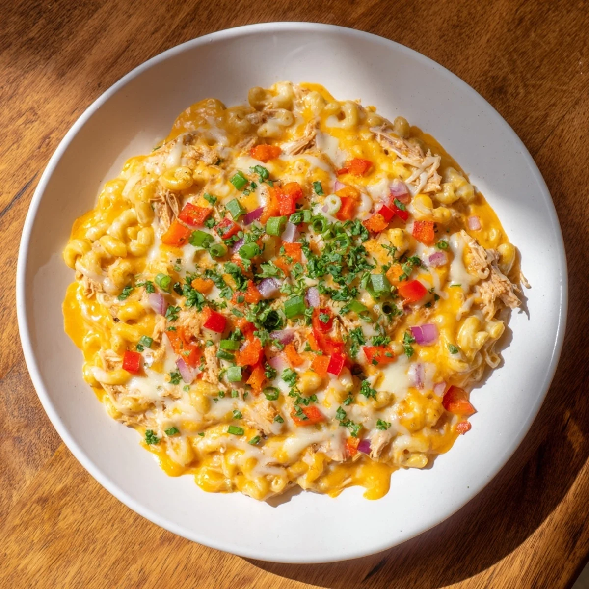 Warm, smoky BBQ Rib Macaroni Skillet, topped with melted cheese, promising a taste of comfort.