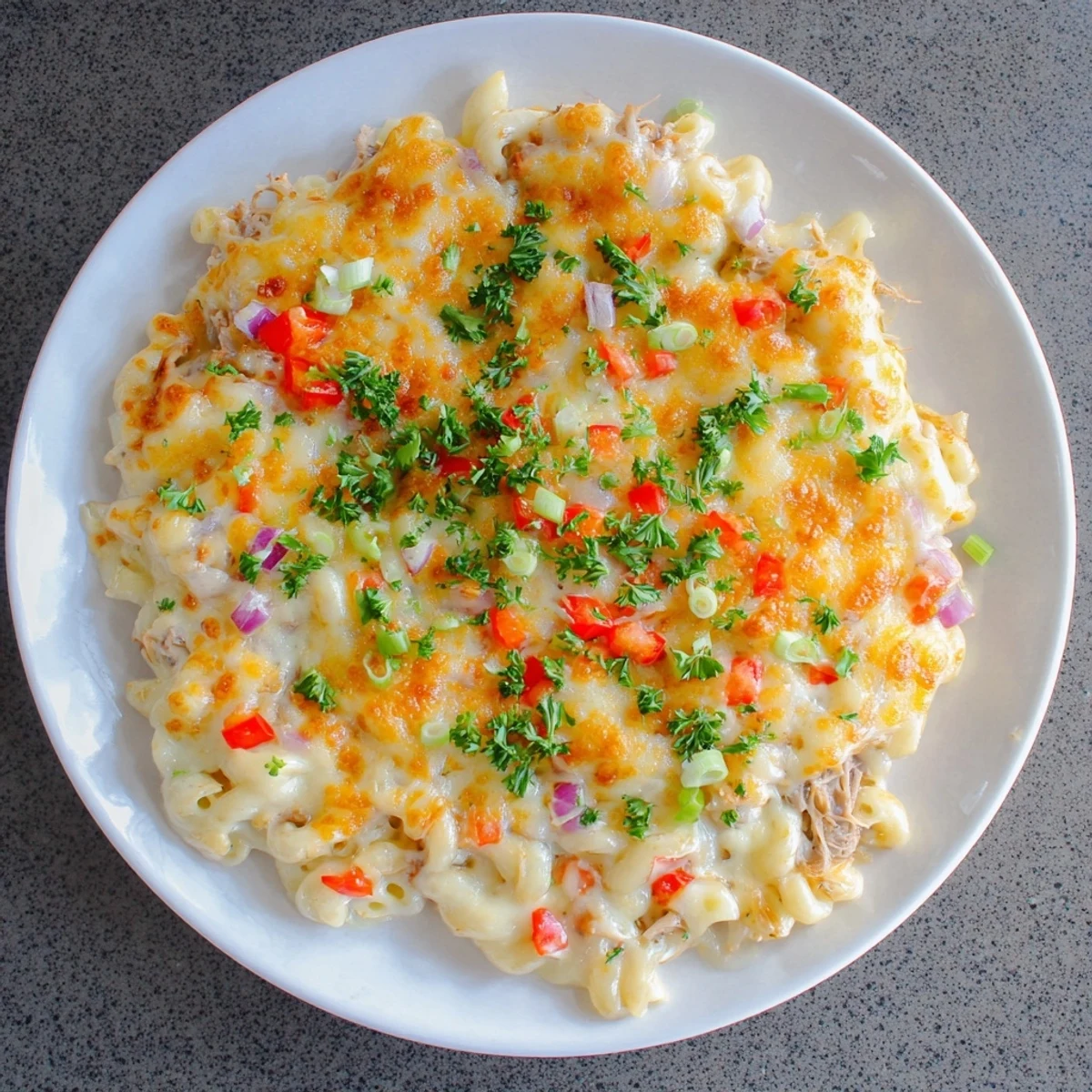 Delectable BBQ Rib Macaroni Skillet, bubbling hot and cheesy, garnished with fresh parsley.