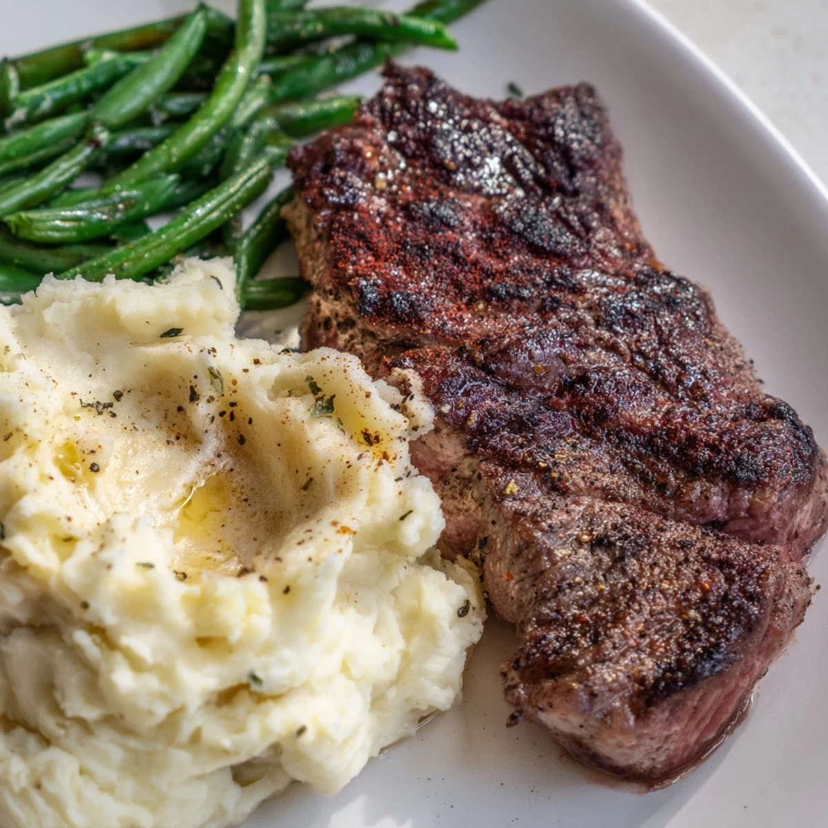 Juicy steak and creamy garlic mash sheet pan meal, ready to serve with fresh parsley garnish.
