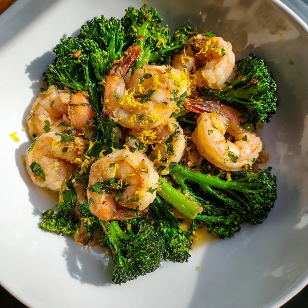 Sizzling pan of Lemon Butter Shrimp & Broccoli showcases plump, pink shrimp with vibrant green broccoli florets.
