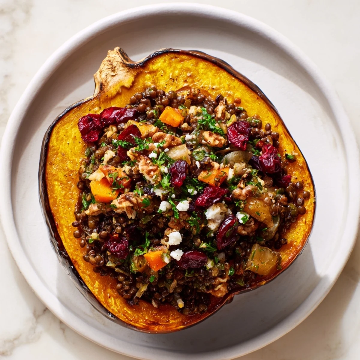 Steaming acorn squash halves brimming with savory lentil & walnut stuffing, a warmly plated vegetarian meal.