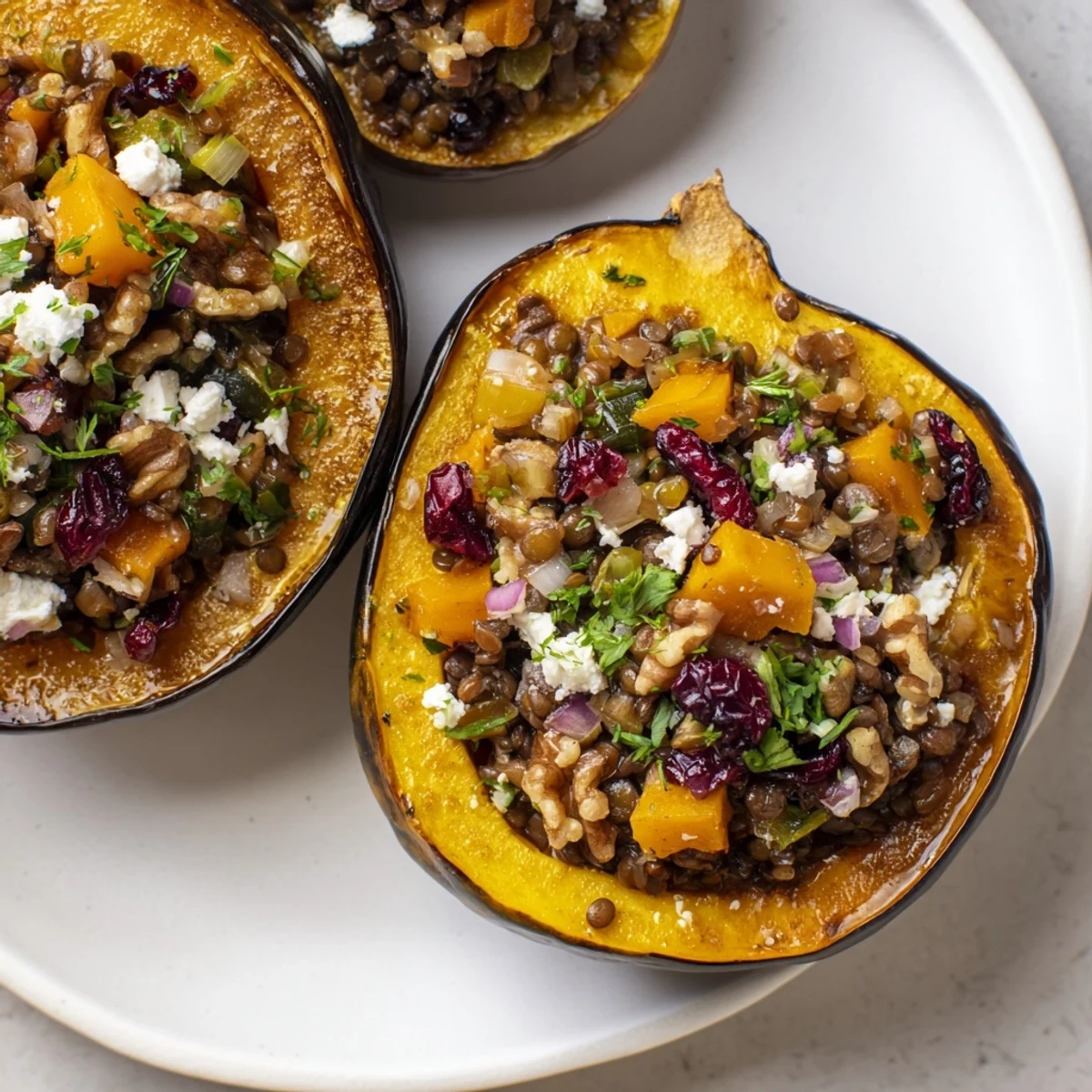 Golden-brown lentil & walnut stuffed acorn squash, a gluten-free dish perfect for fall dinners.
