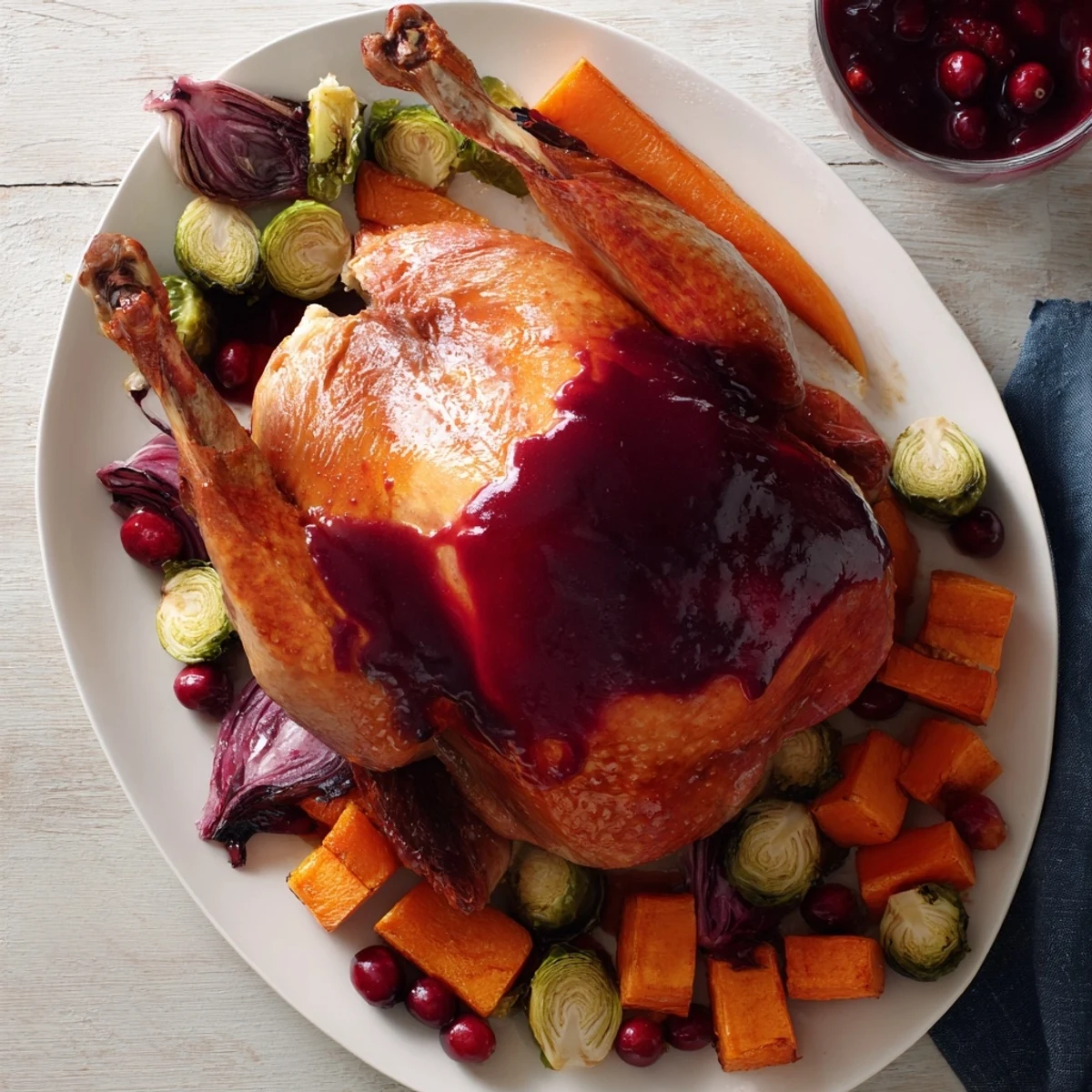 Juicy sheet-pan roasted turkey breast with colorful, caramelized winter vegetables and a vibrant cranberry glaze.
