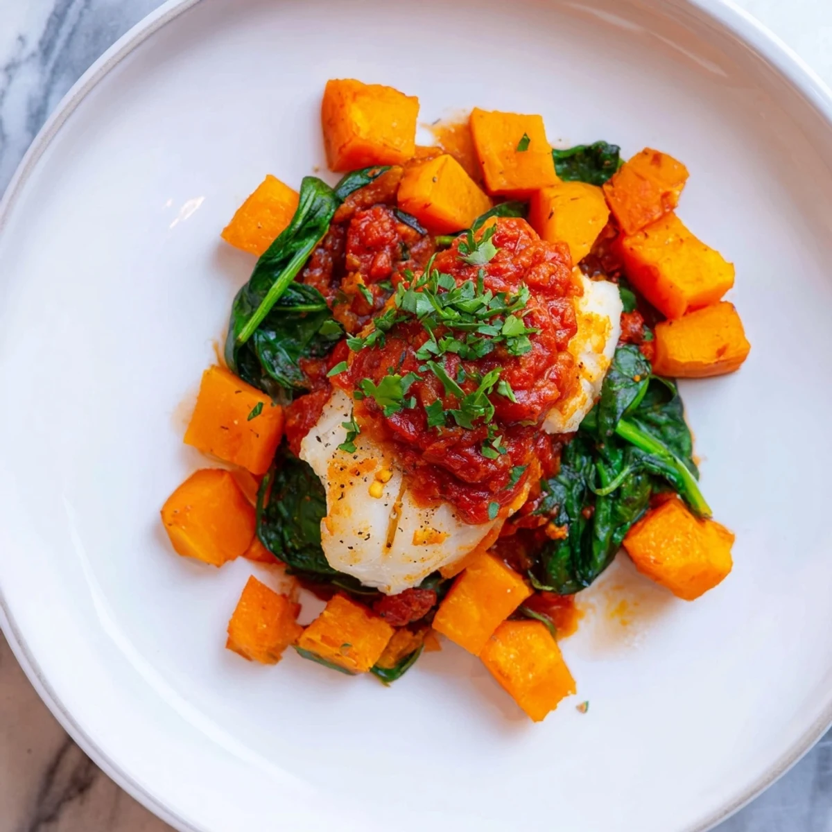 Baked Cod with butternut squash, spinach in a rich tomato-herb sauce, ready to serve.