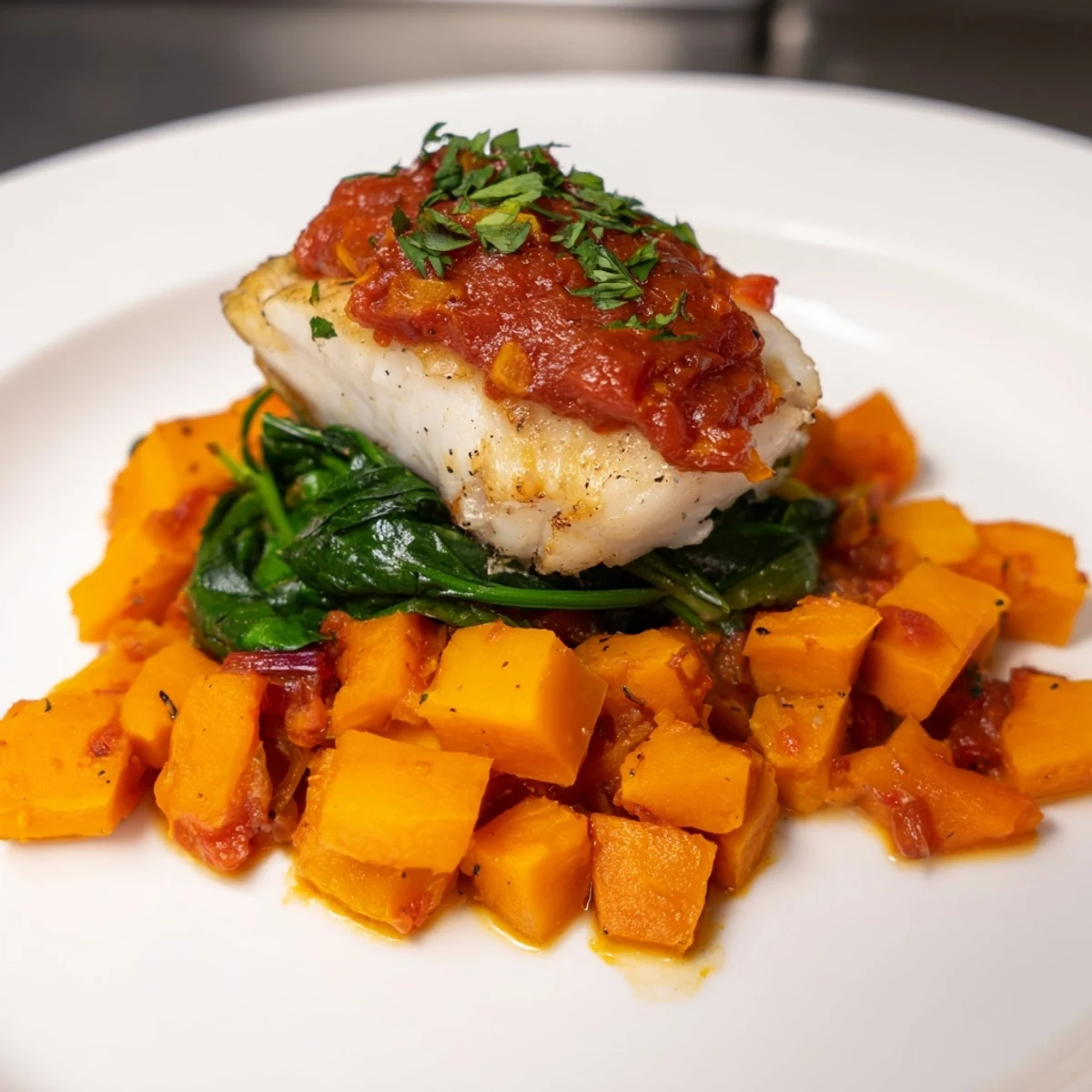 Vibrant image of Baked Cod with fresh spinach, showcasing a delicious Mediterranean meal.