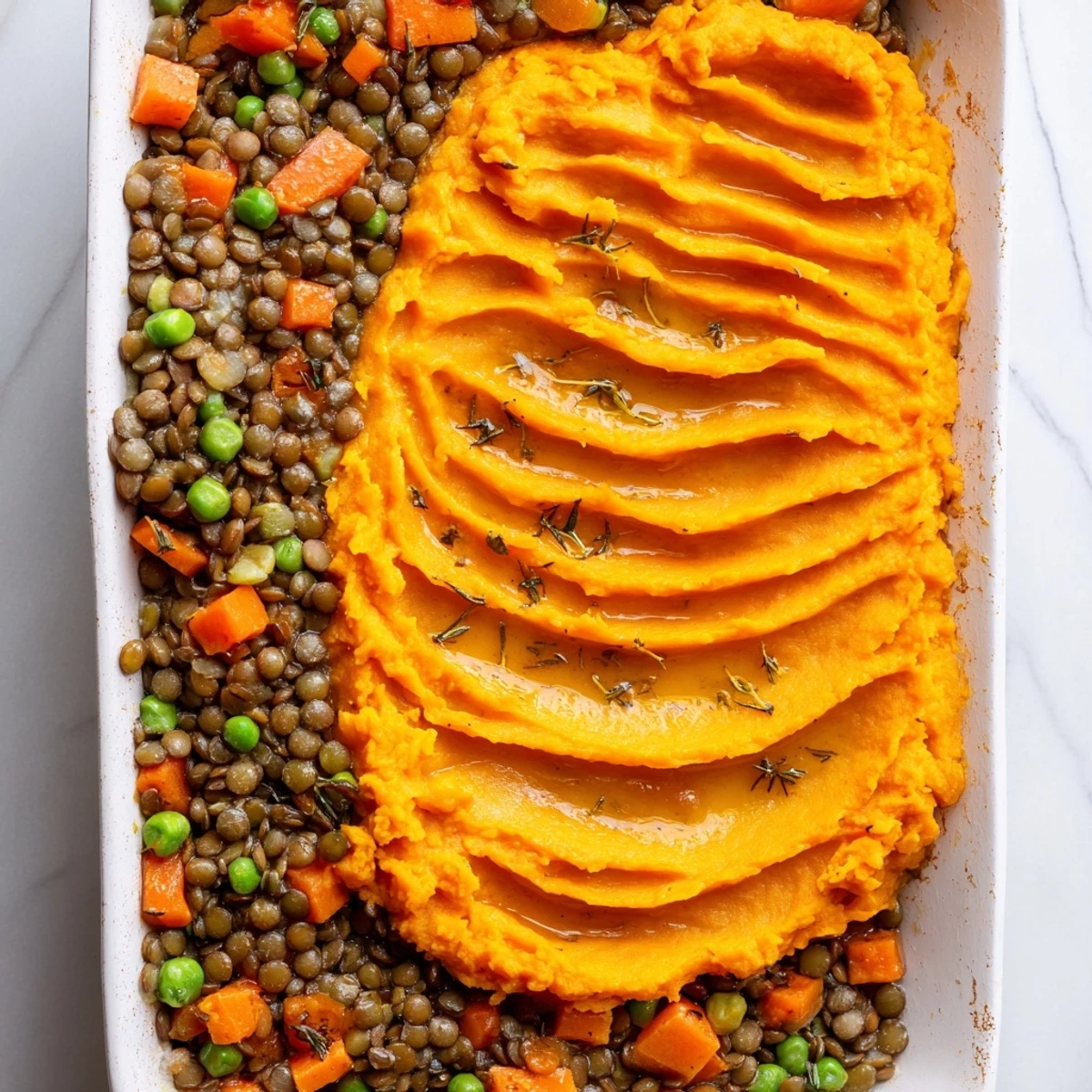 Golden-brown Veggie Shepherd's Pie with lentils and sweet potato mash is ready to enjoy.
