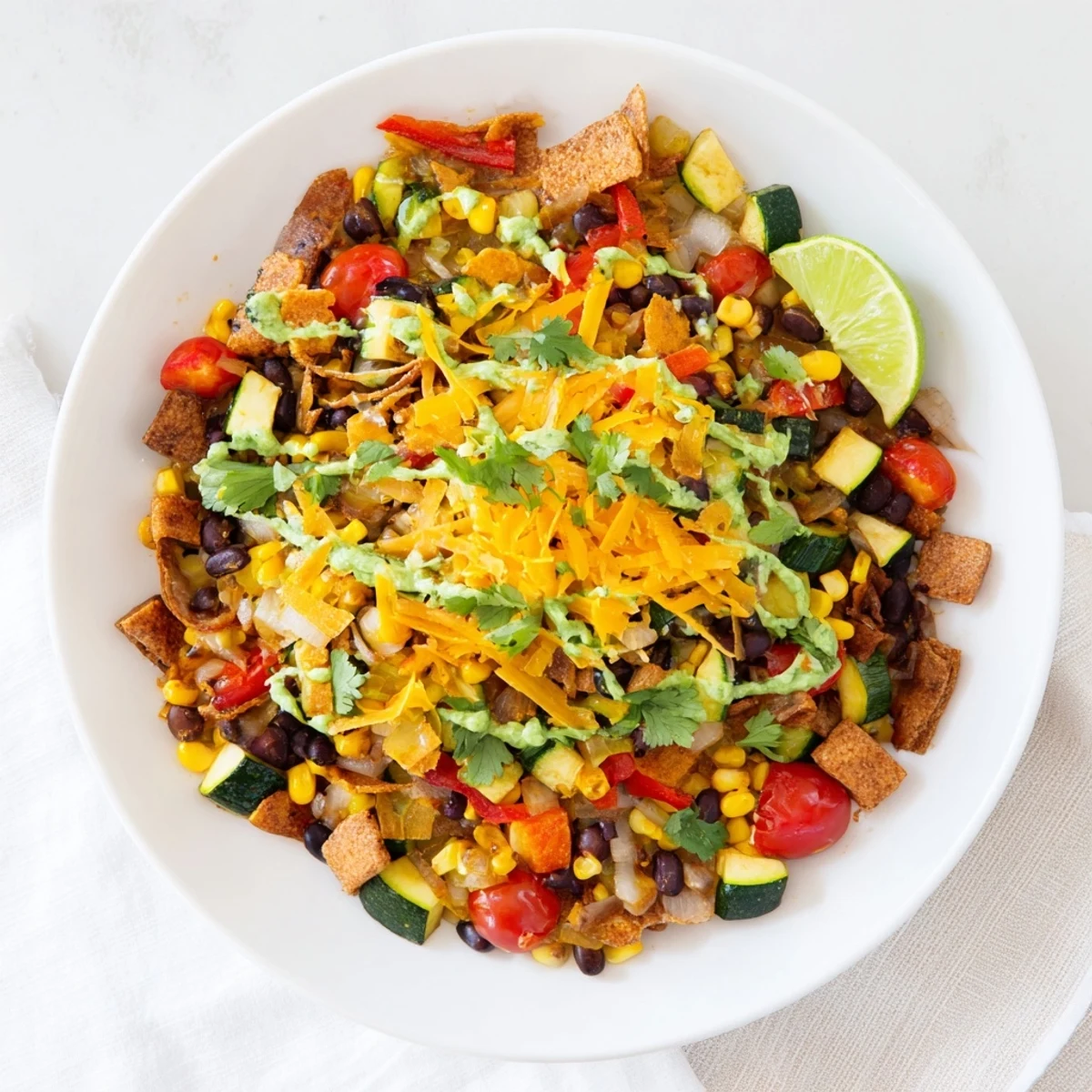 Steaming Veggie-Packed Taco Skillet with Avocado Yogurt topped with fresh cilantro and a lime wedge.