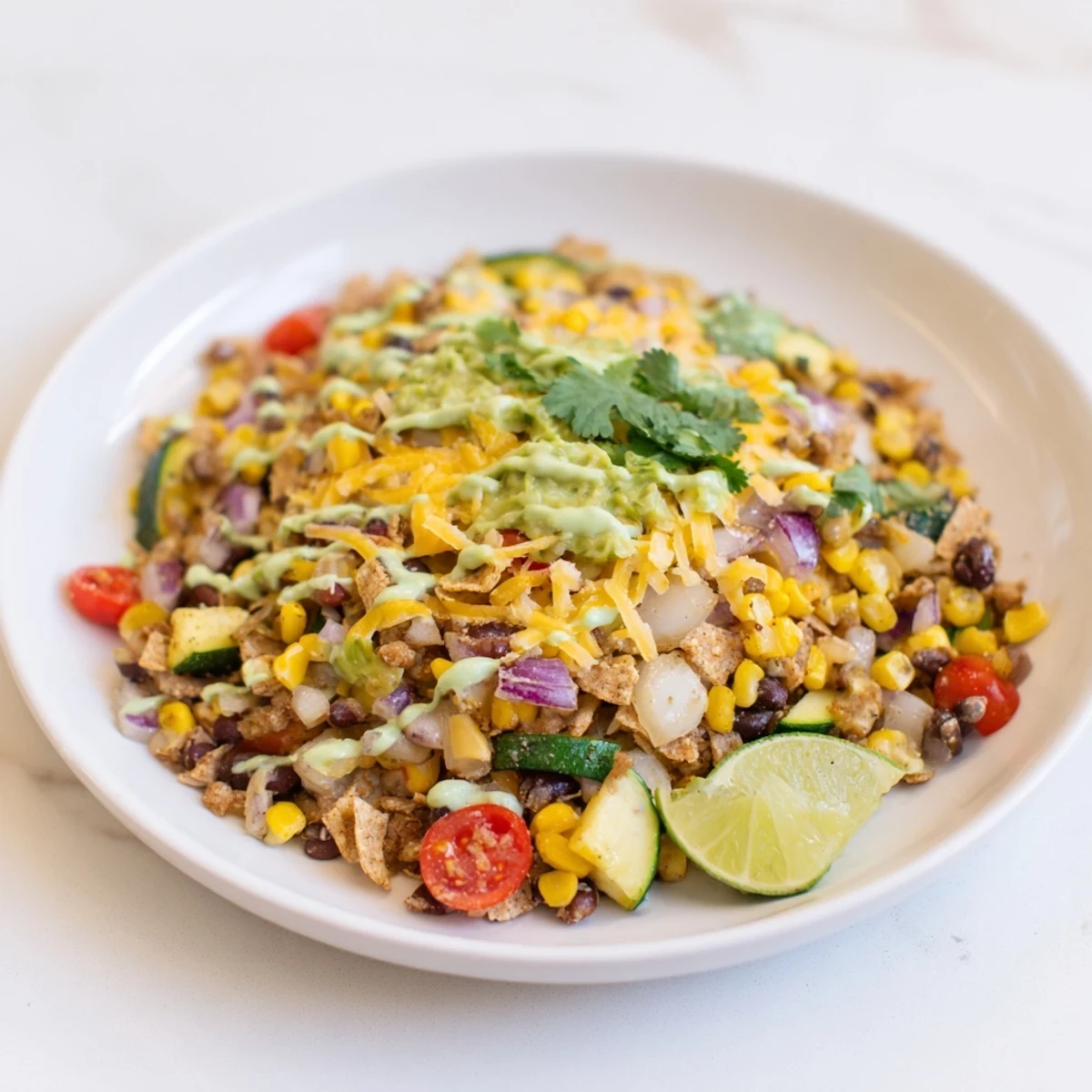 A close-up shot of the colorful Veggie-Packed Taco Skillet with creamy avocado yogurt and melted cheese.