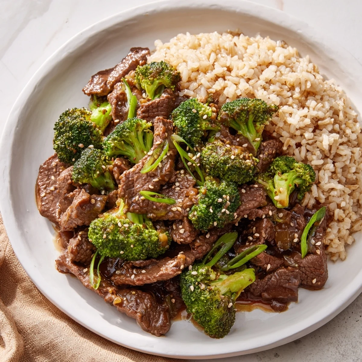 A bowl of hearty Slow-Cooker Beef & Broccoli, with savory sauce, tender beef, nutritious rice, and fresh greens.