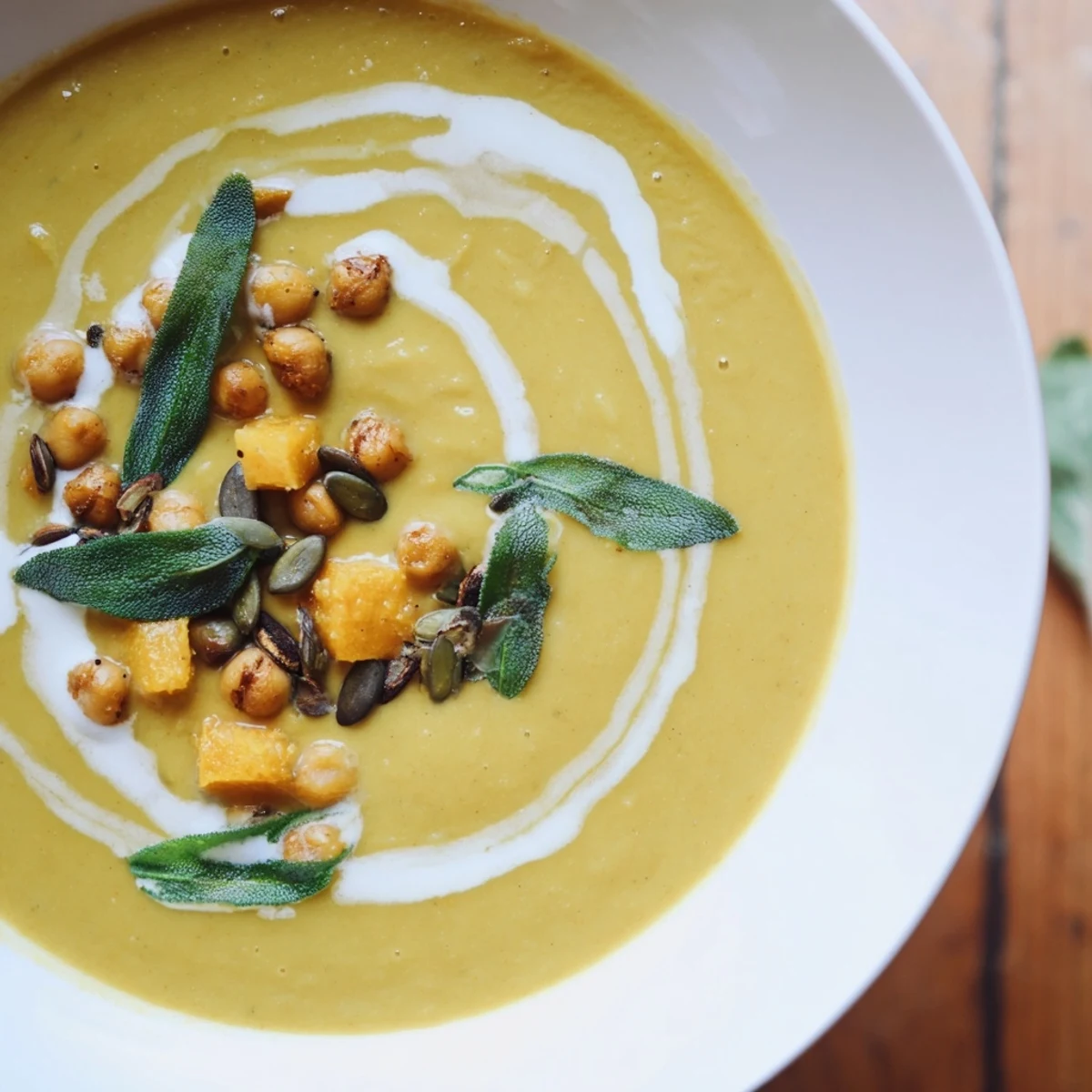 Steaming bowl of Chickpea, Pumpkin & Sage Soup, garnished with toasted pumpkin seeds, looks super comforting.