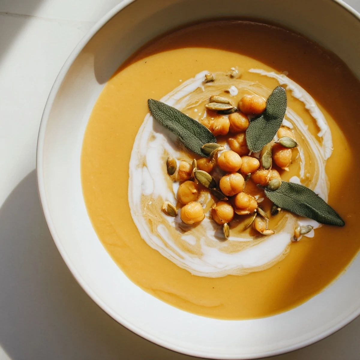 Creamy, golden Chickpea, Pumpkin & Sage Soup: a vegan, gluten-free delight, perfect for autumn evenings.