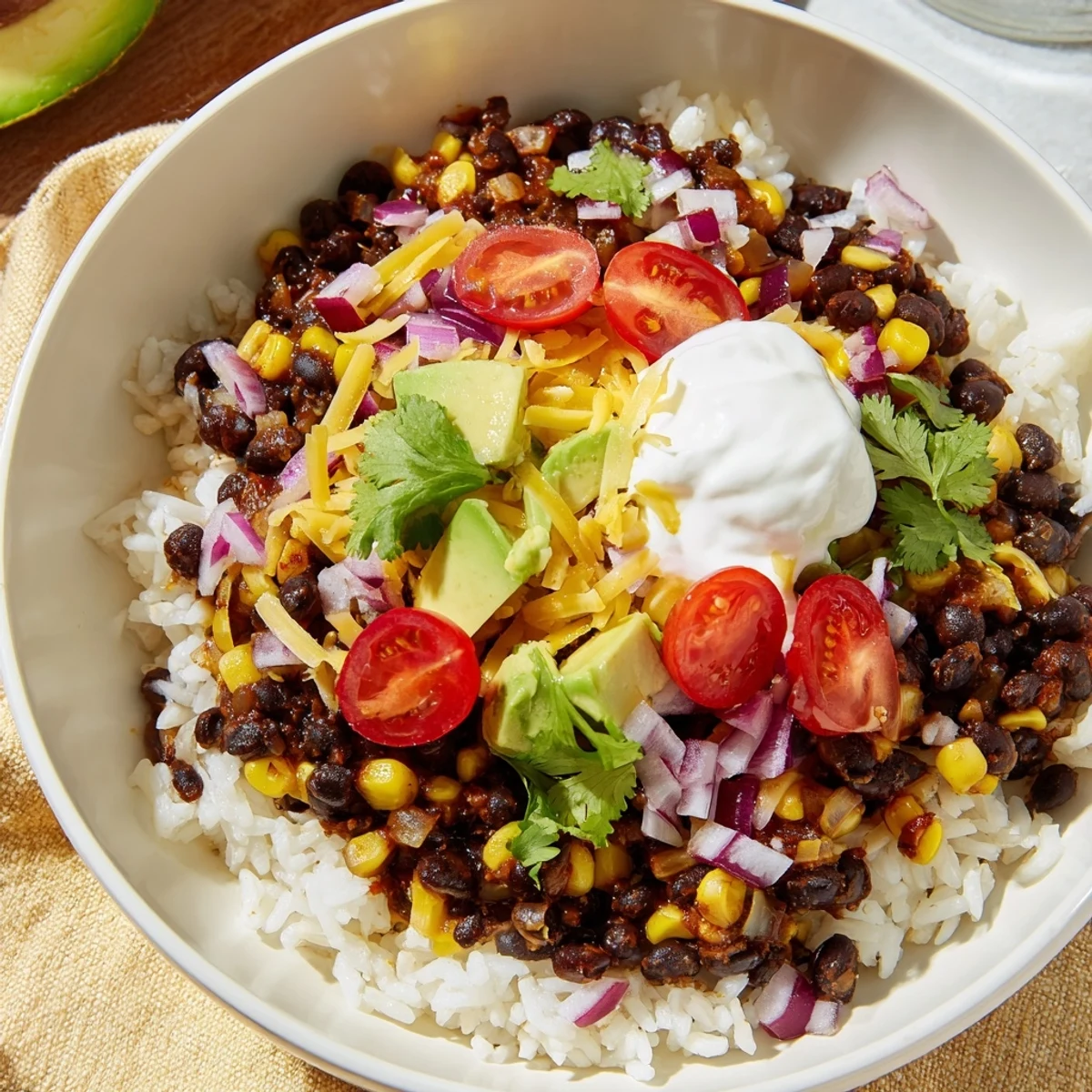A colorful Rice, Bean, and Corn Burrito Bowl with fresh toppings ready to eat.
