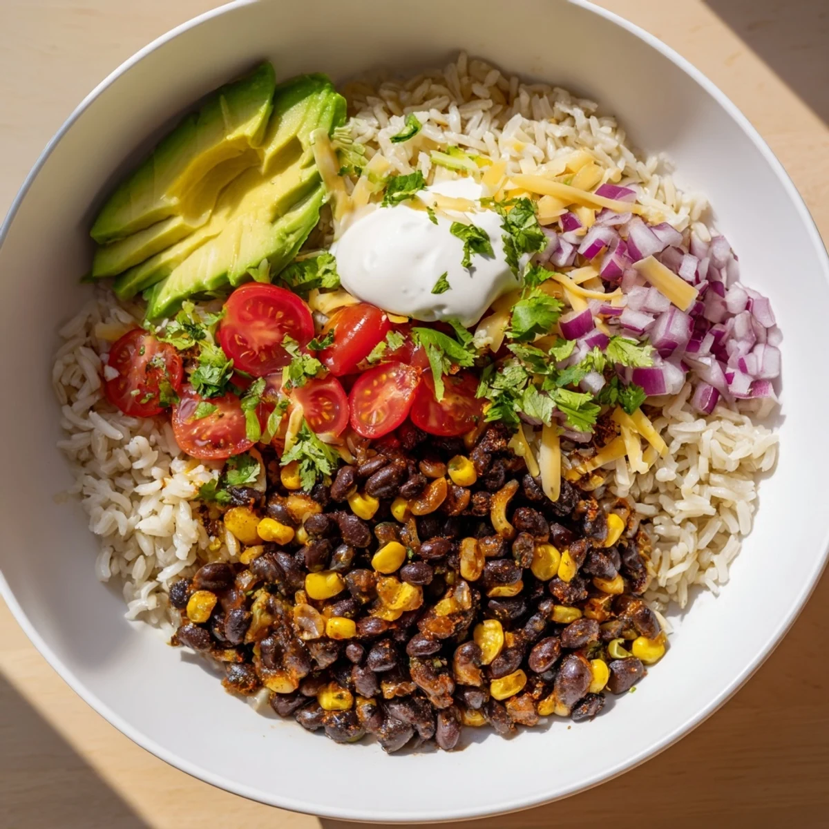 Fluffy rice forms the base of this hearty Rice, Bean, and Corn Burrito Bowl, filled with flavor.