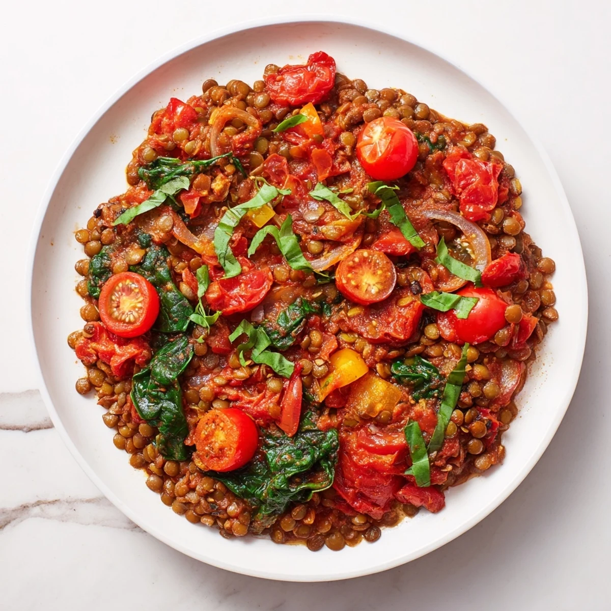 A vibrant Lentil-Tomato Skillet, showcasing tender lentils and juicy tomatoes with fresh herbs.