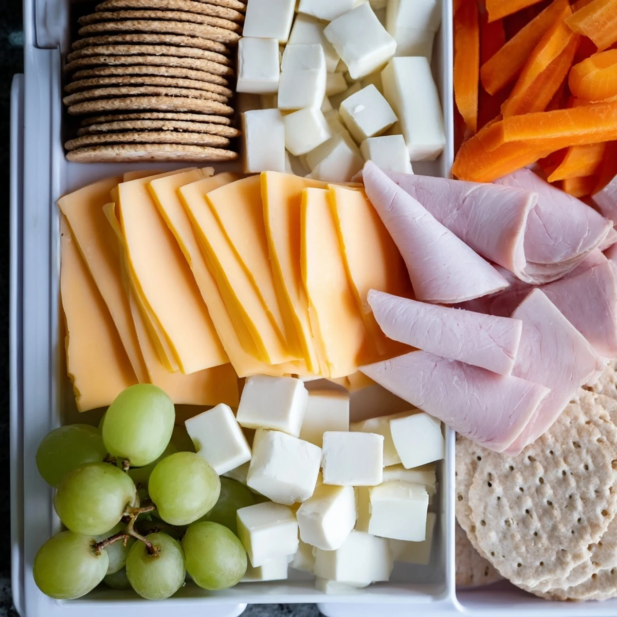 Fresh DIY Lunchables Tray featuring ham, turkey, cheddar, mozzarella, and crackers, a kid-friendly lunch option.