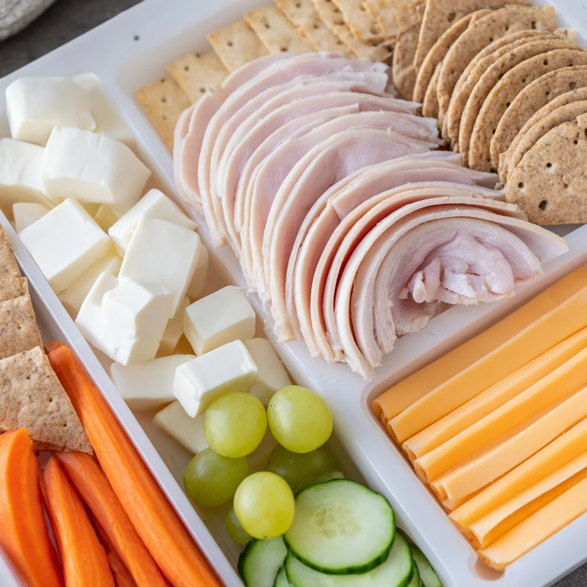 Homemade DIY Lunchables Tray with sliced meats, cheese, crackers, grapes, and carrot sticks, ready to eat.