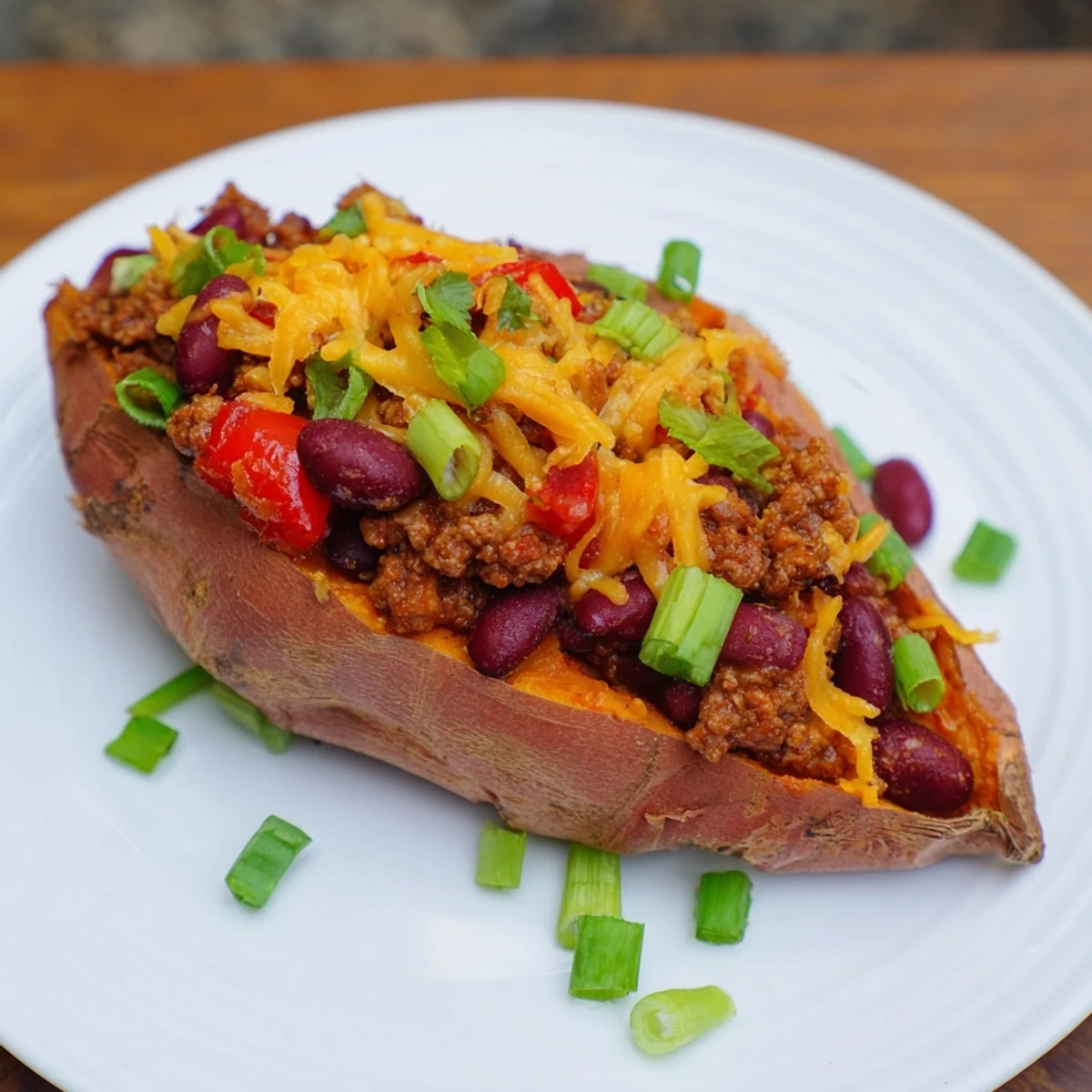 Steaming baked sweet potato stuffed with chili, garnished with fresh green onions for vibrant color.